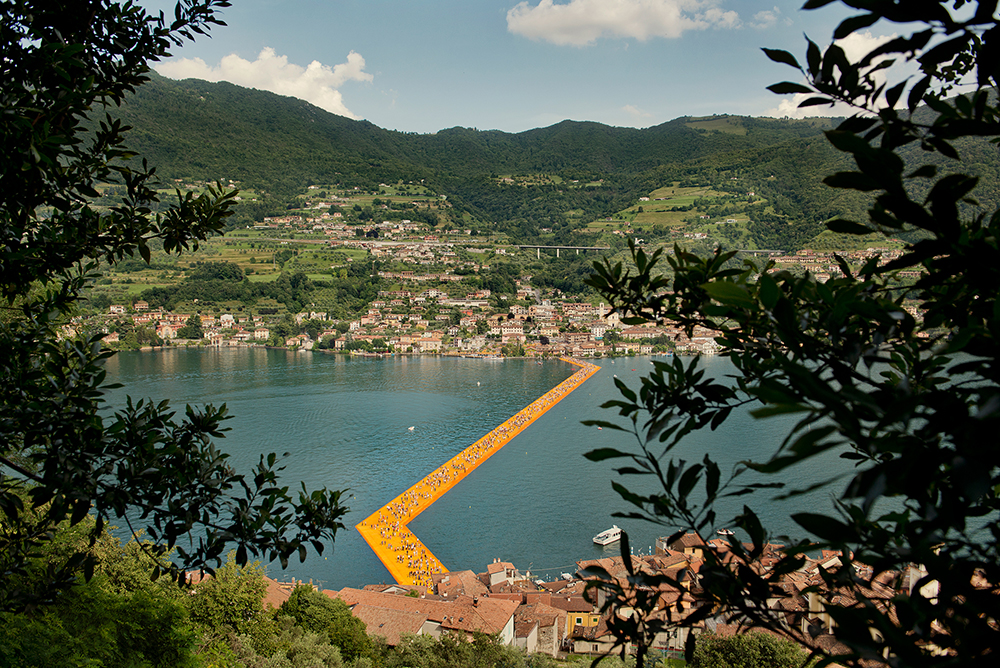 An overhead view of part of the Christo art installation,  The Floating Piers,  on Lake Iseo, Italy, June 2016.
