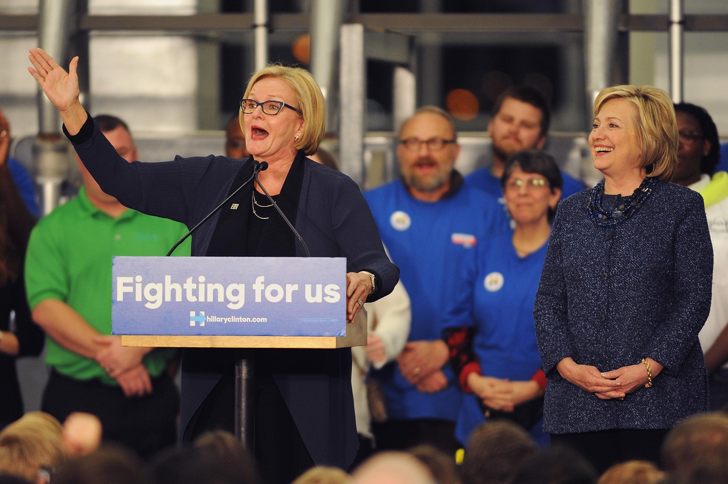 U.S. Senator Claire McCaskill introduces Democratic Presidential candidate Hillary Clinton prior to speaking during a campaign event at the International Association of Sheet Metal, Air, Rail and Transportation Workers in St. Louis, on Dec. 11, 2015.