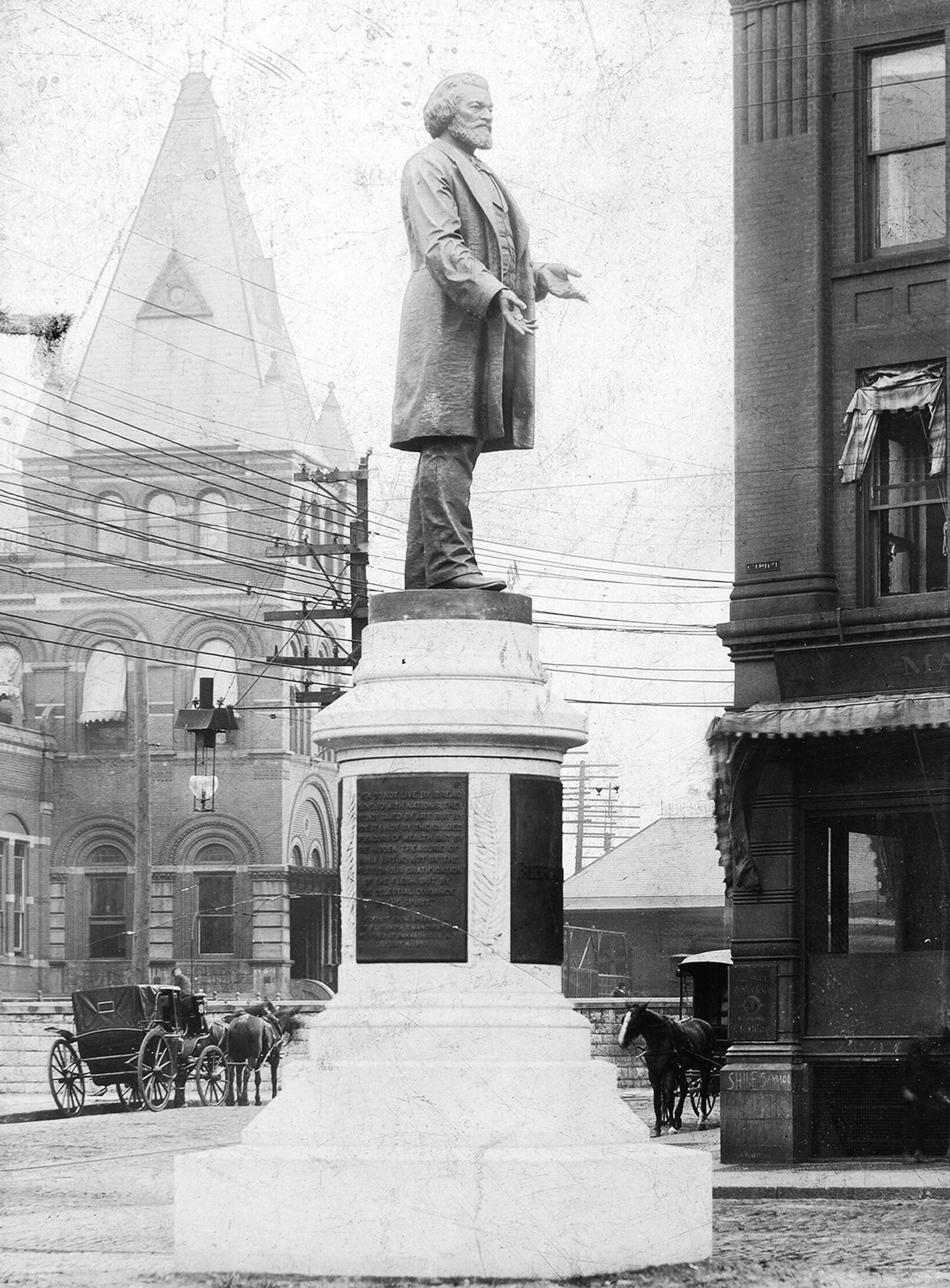 A monument built to honor Frederick Douglass, a statue of Douglass stands on top of a stone base in Rochester, New York, 1900. (Smith Collection/Gado/Getty Images)