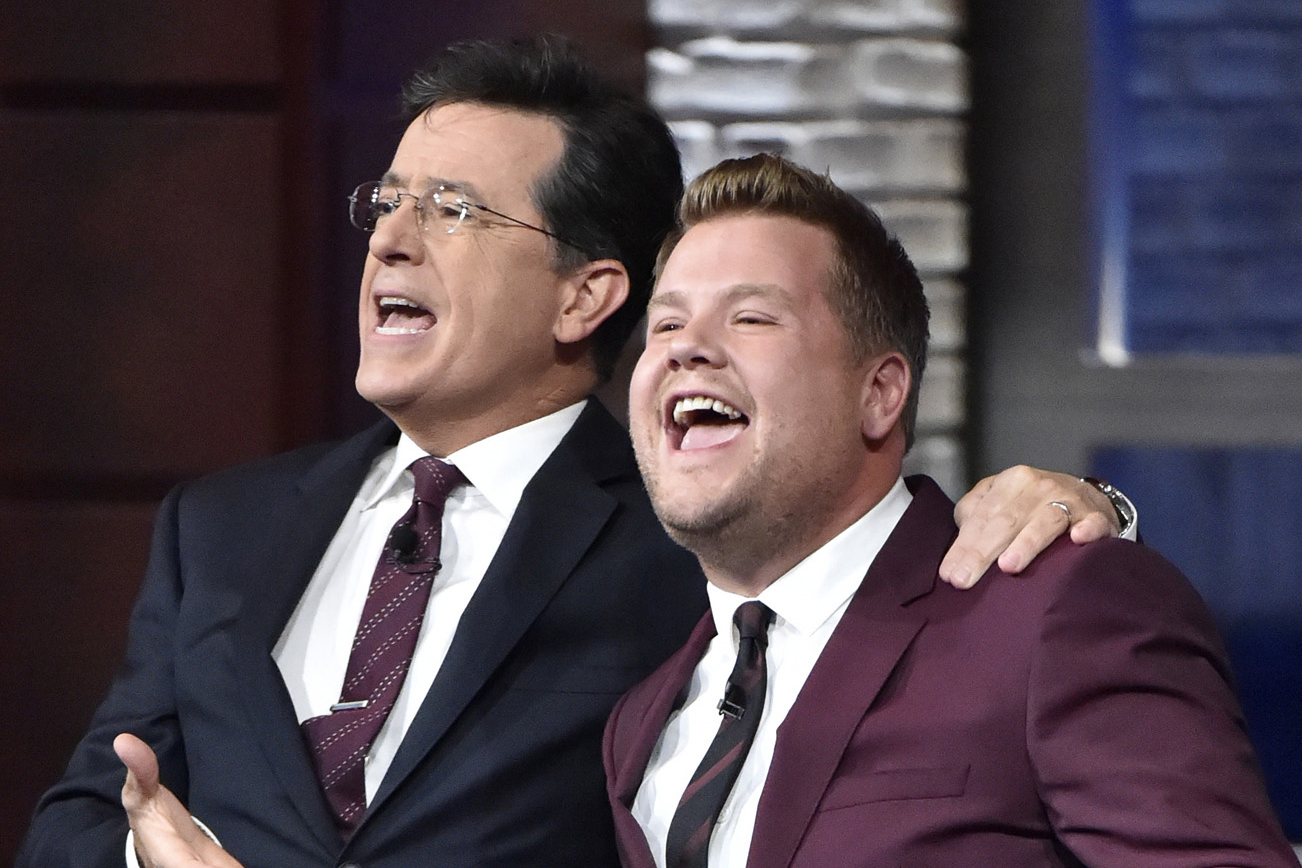 Stephen Colbert and James Corden on <i>The Late Show with Stephen Colbert</i> (John Paul Filo—Getty Images)
