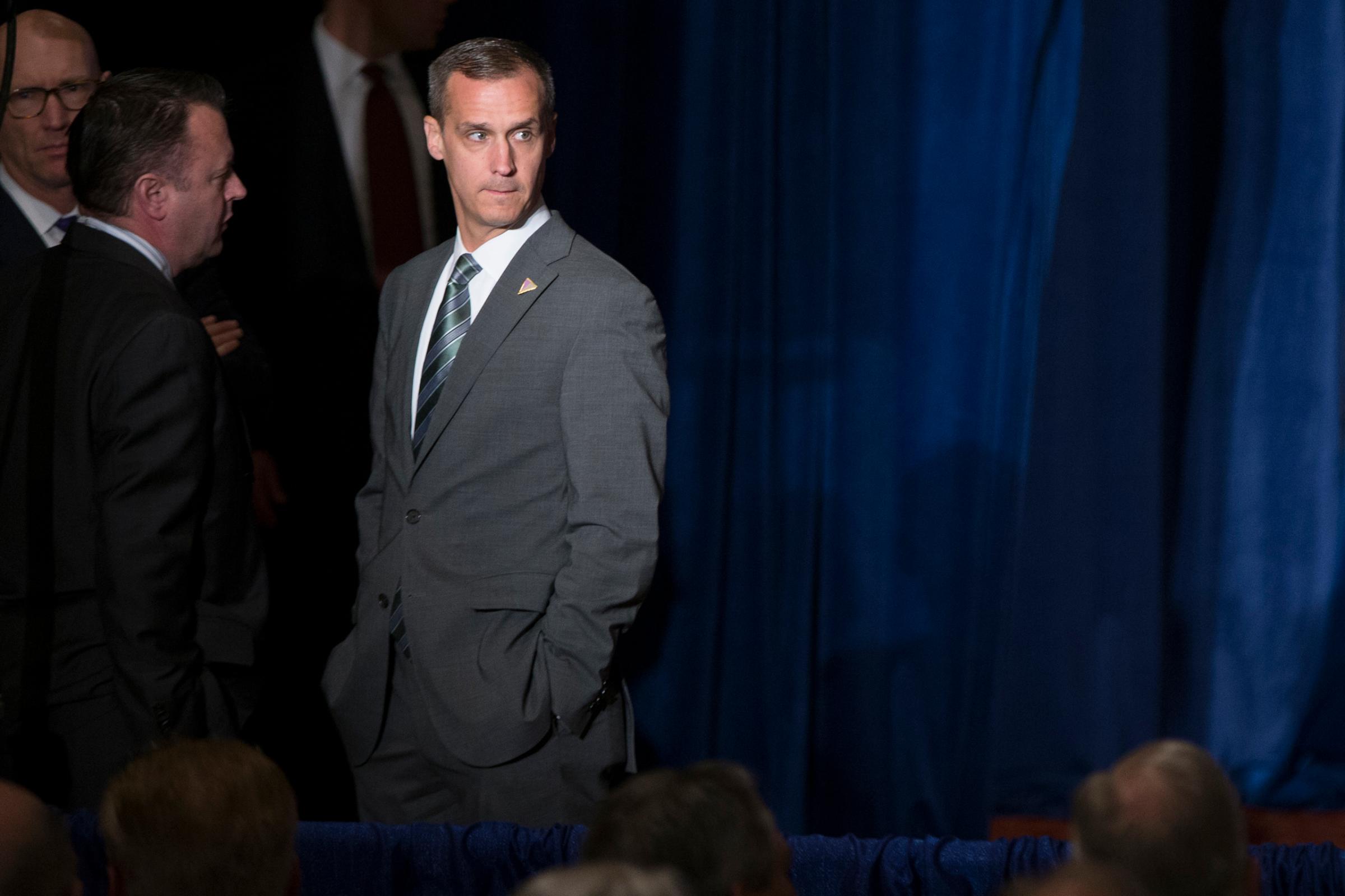 Corey Lewandowski, campaign manager for Republican presidential candidate Donald Trump, waits before the start of a foreign policy speech at the Mayflower Hotel in Washington, Wednesday, April 27, 2016.