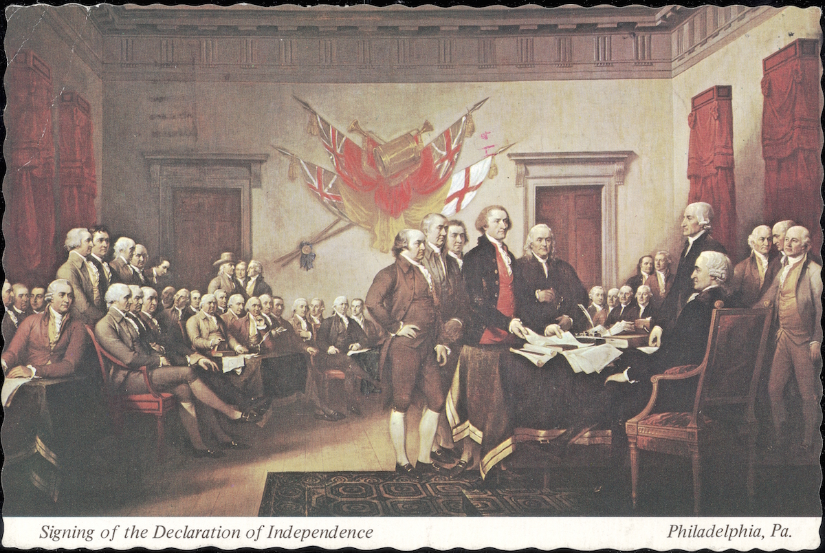 A postcard showing 'The Signing of the Declaration of Independence', painted by John Trumbull, Philadelphia, Pennsylvania. (Hulton Archive / Getty Images)