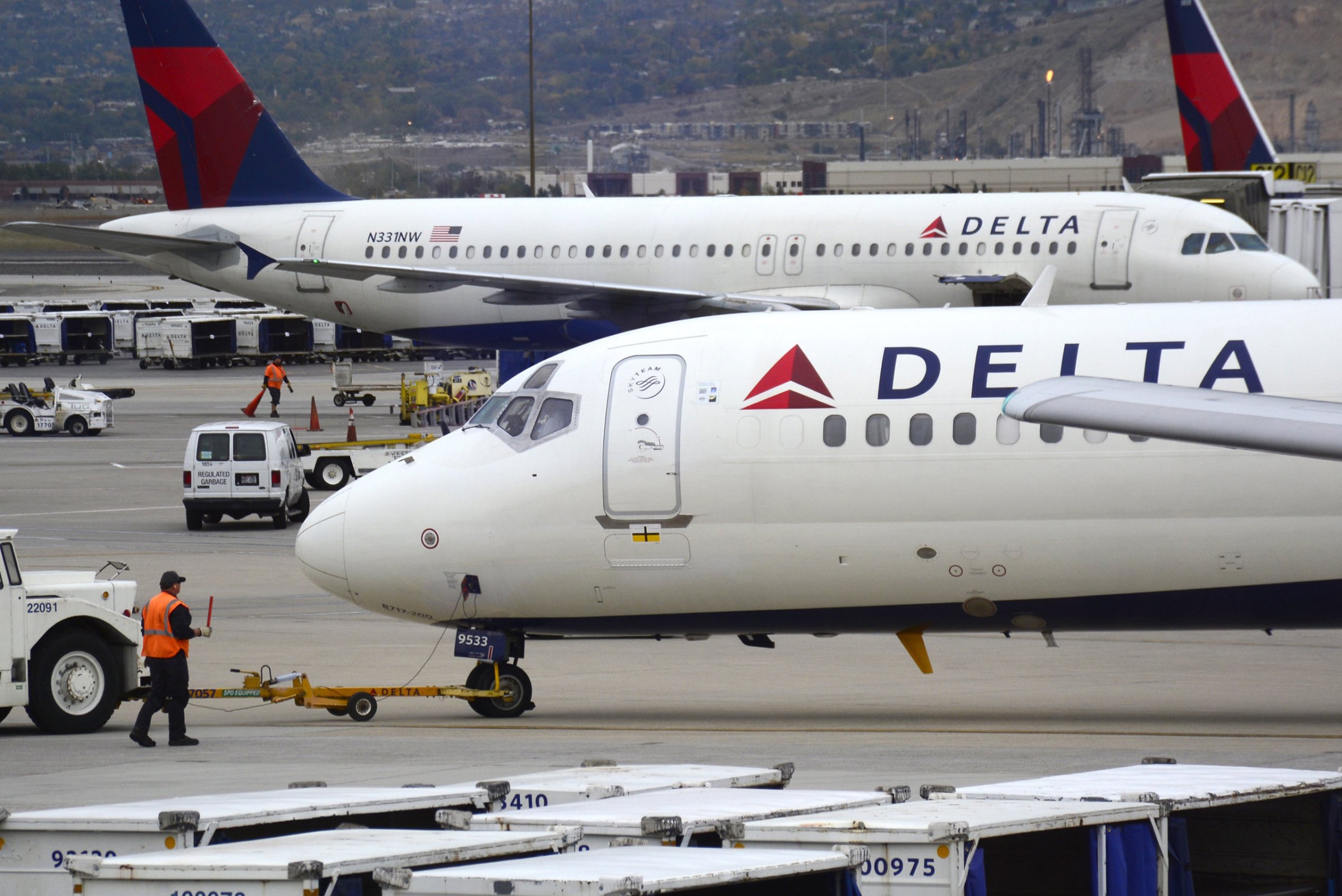 Delta Airlines passenger planes at Salt Lake City International Airport in Salt Lake City, Utah.