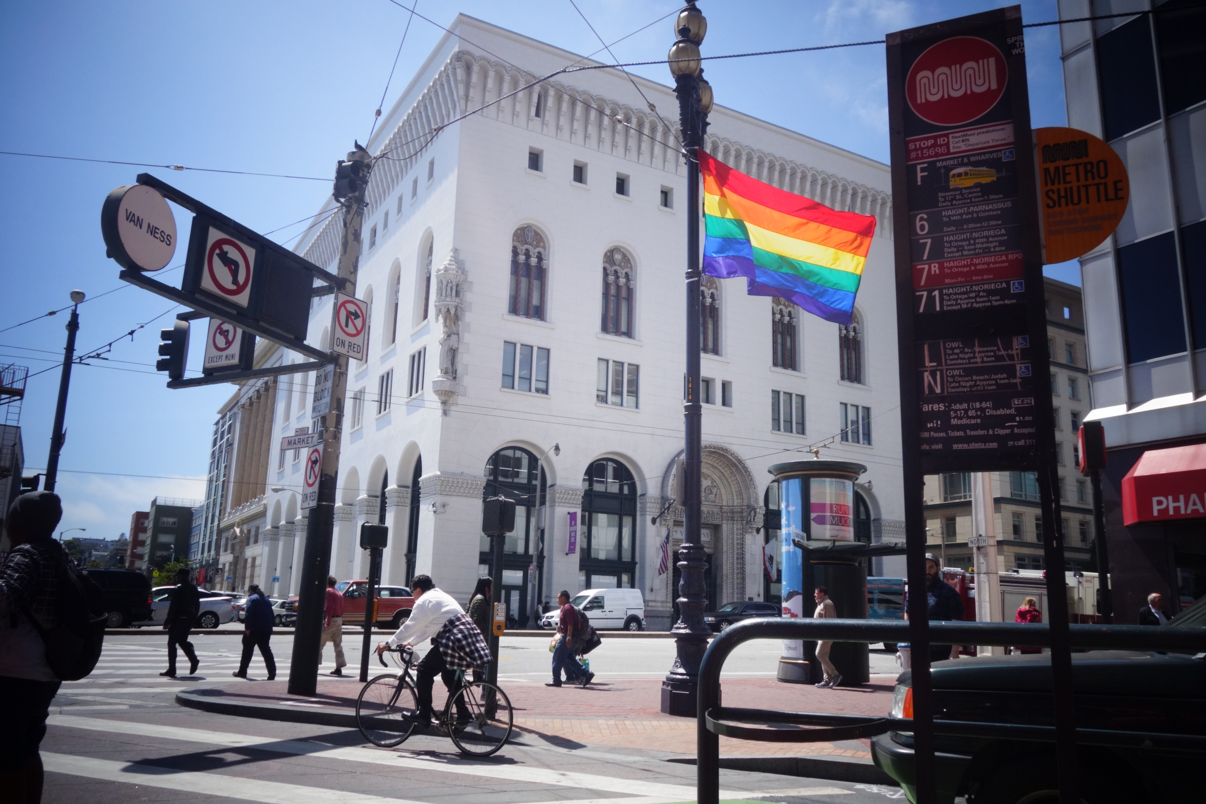 A rainbow flag, a symbol of the LGBT community, flies in San Francisco at the corners of Market Street and Van Ness on June 13, 2016. (Katy Steinmetz for TIME)
