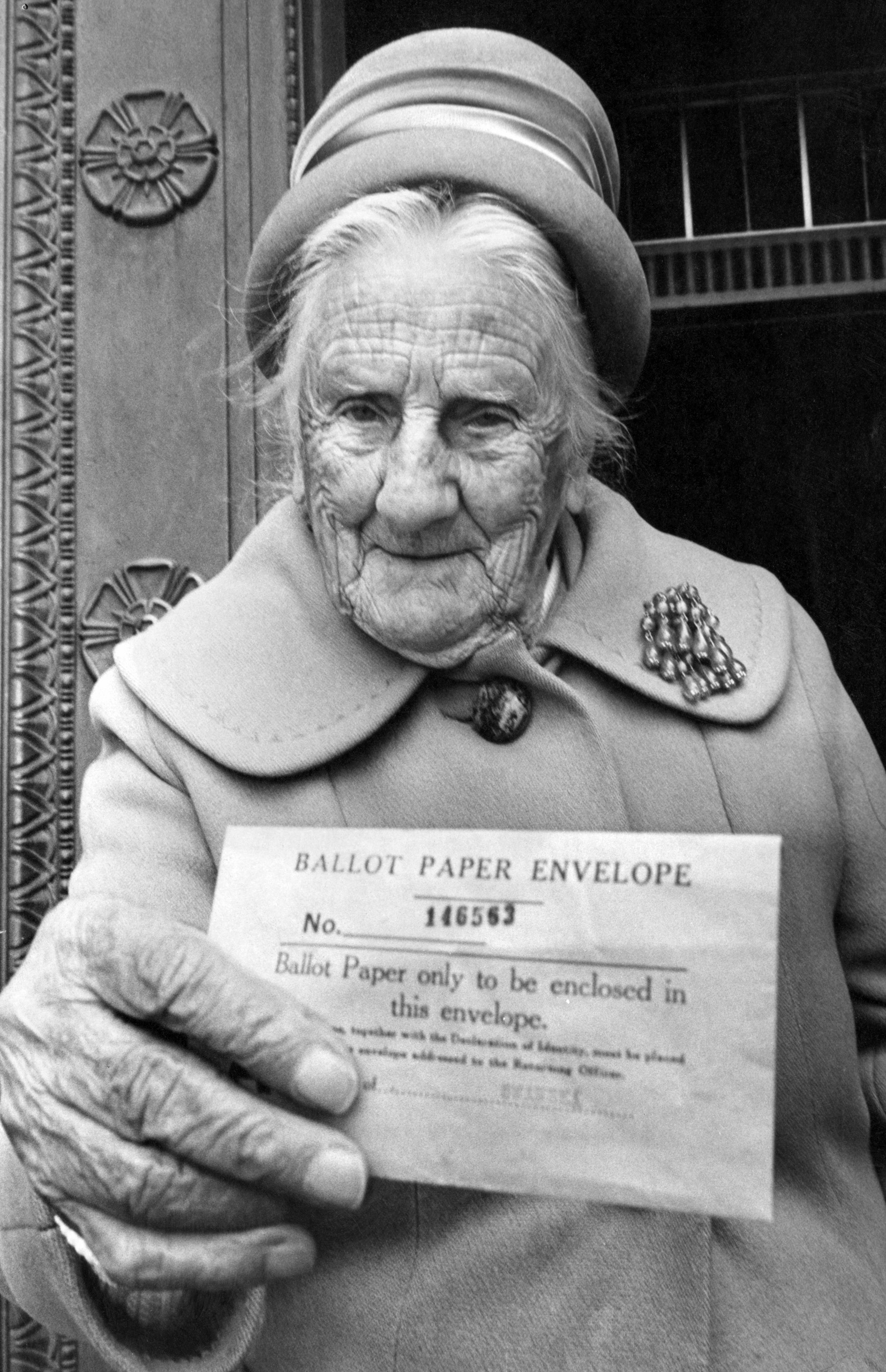 Mrs Anna Williams aged 102, personally delivers her Yes Vote to Swansea's referendum returning officer, Referendum Day, June 5, 1975.