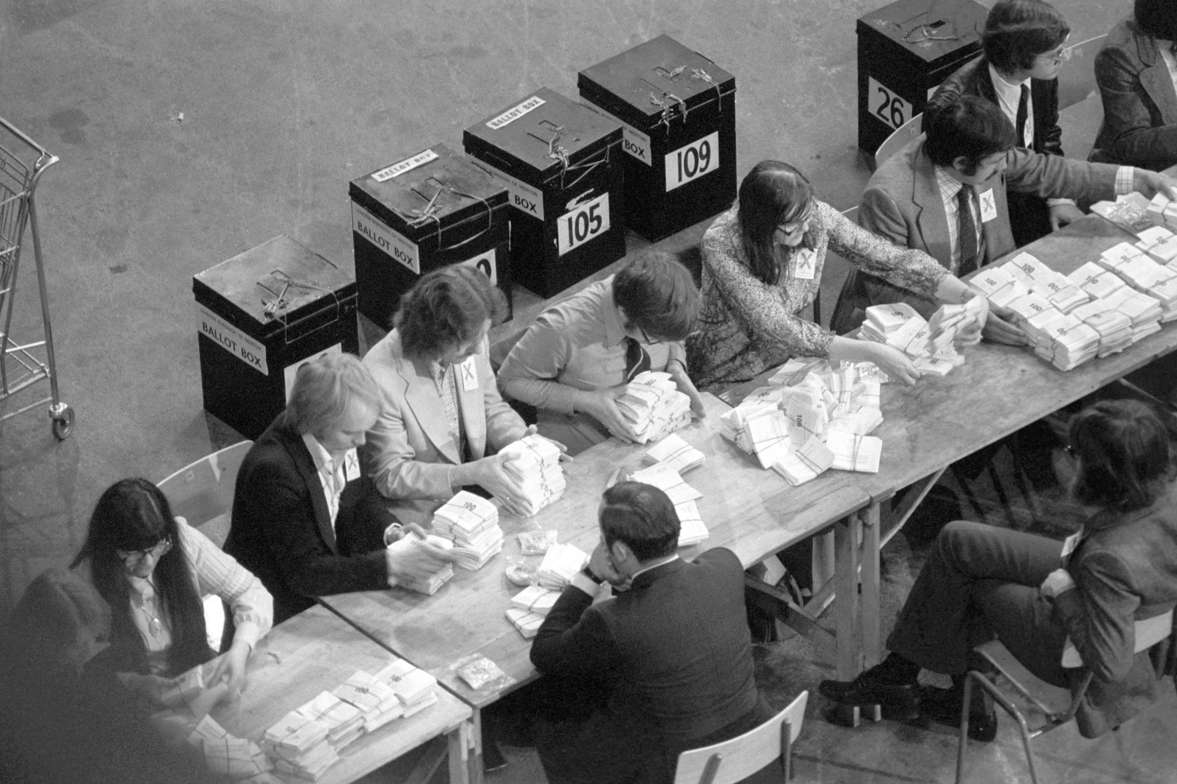 Ballot boxes are seen in the background as the count for the European Referendum gets underway, June 6, 1975.