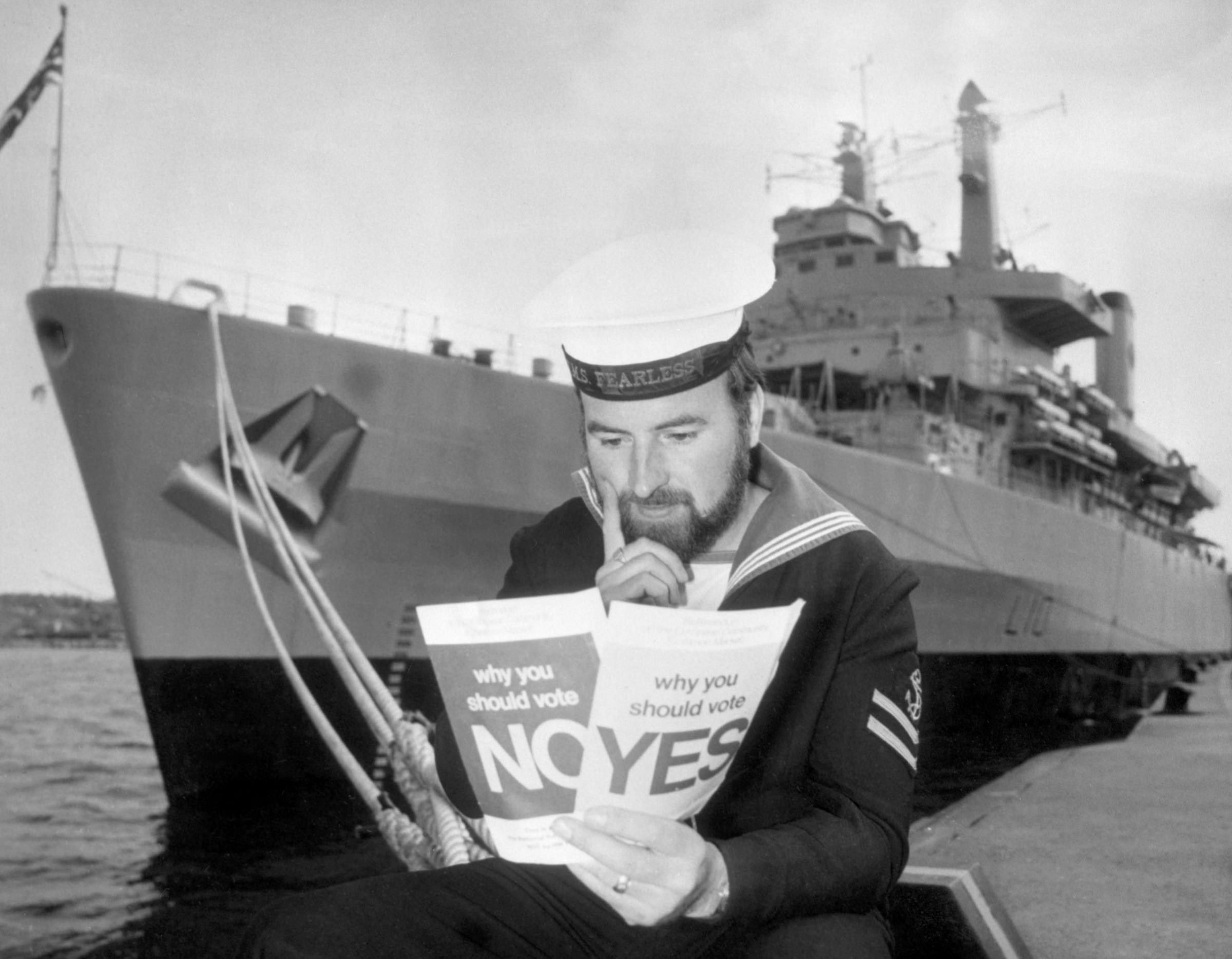 LREM Eric Littlehales, of Oswestry, Salop, ponders arguments for and against in the forthcoming National Referendum on the Common Market during a courtesy visit by HMS Fearless to Stockholm, 1975.