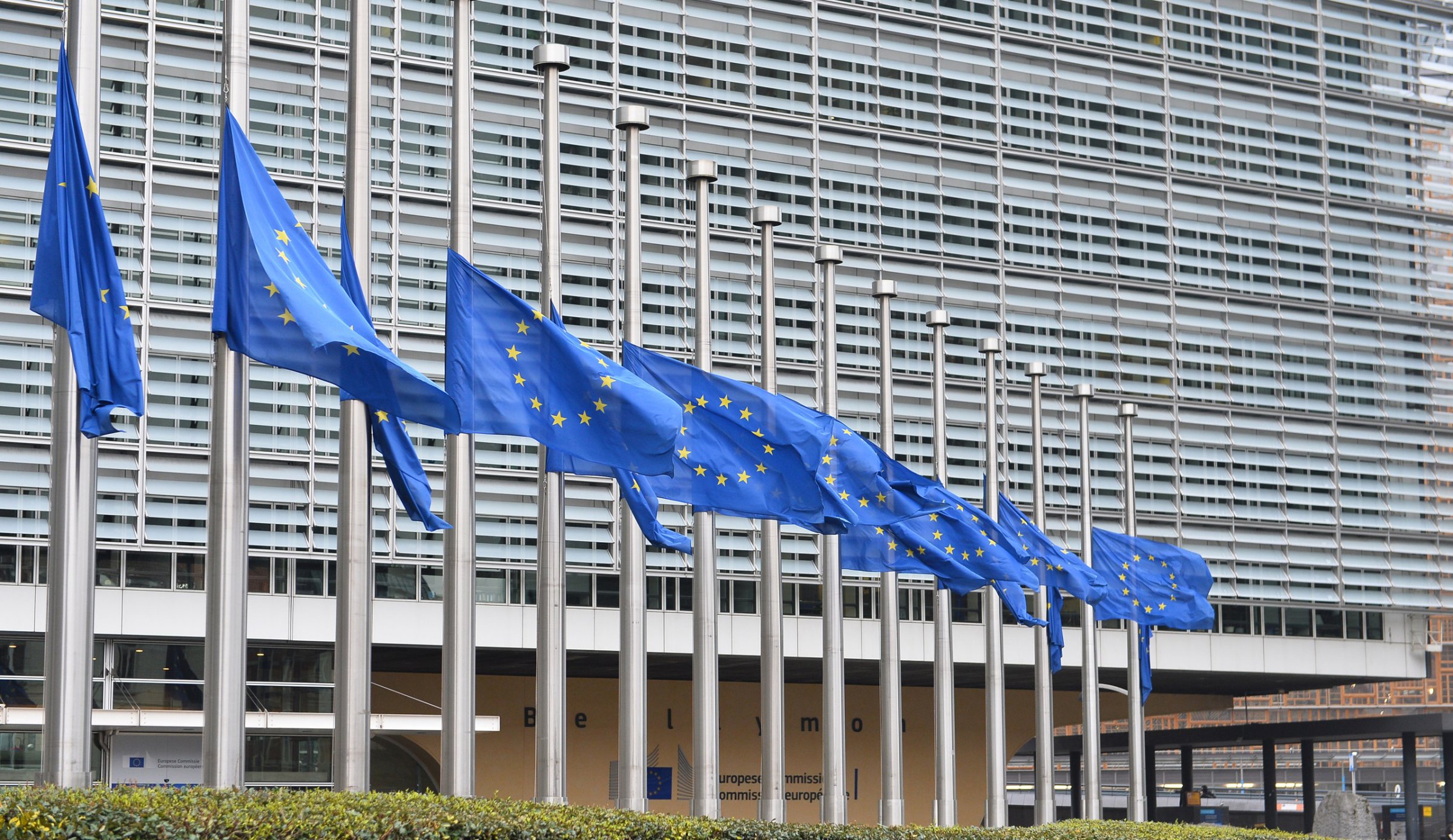 European flags in front of the EU Berlaymont building in the centre of Brussels on March 23, 2016.