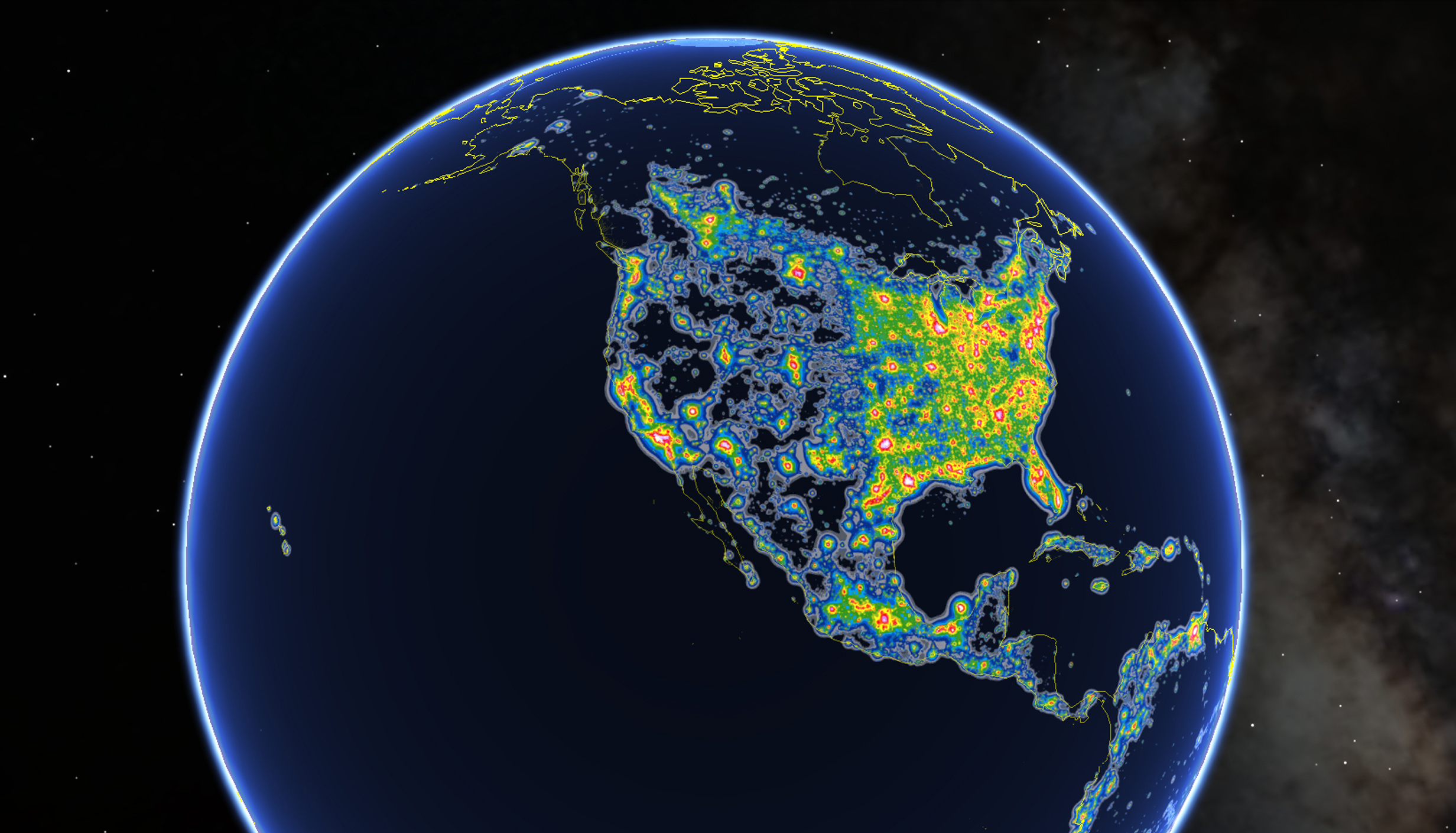 North America in New World Atlas of Artificial Sky Brightness, as seen in Google Earth. (Fabio Falchi et al.—AAAS)