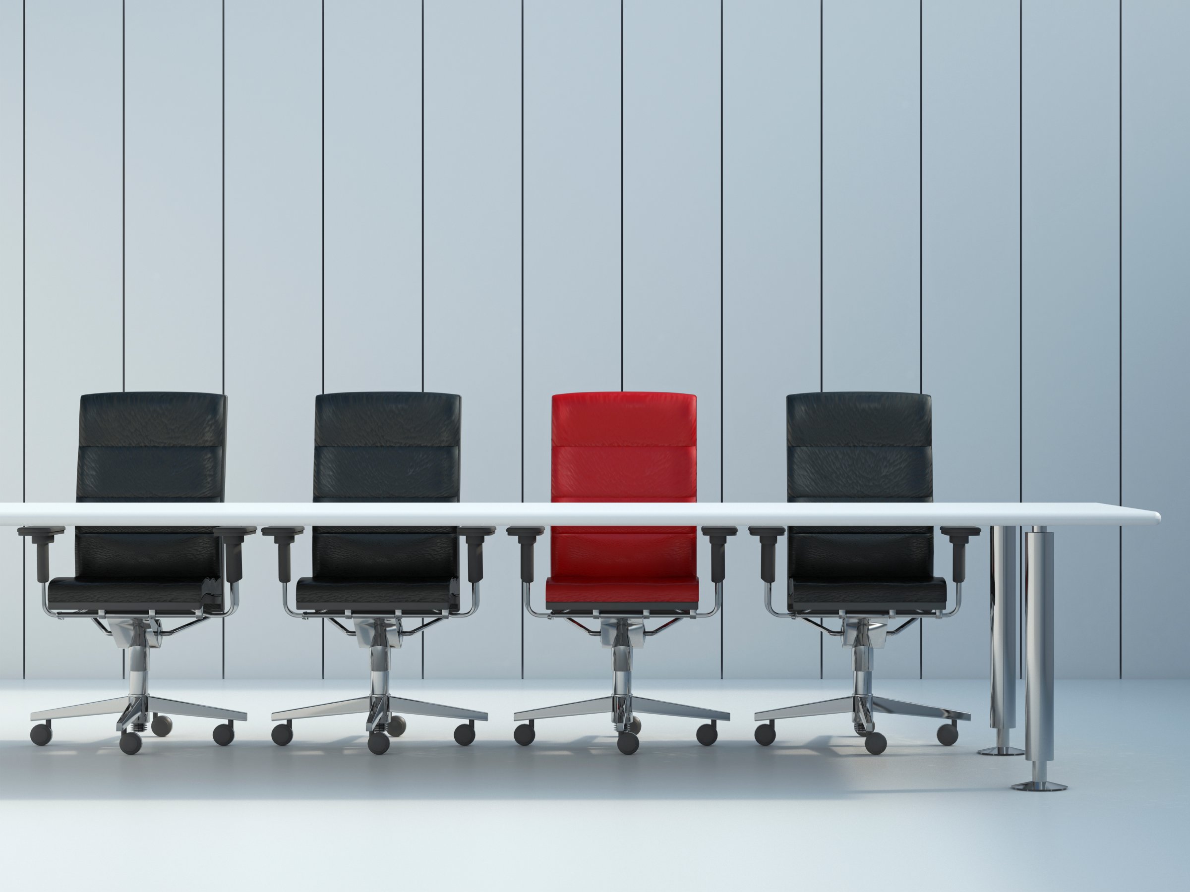 Four office chairs and conference table in front of grey wall panel, 3D Rendering