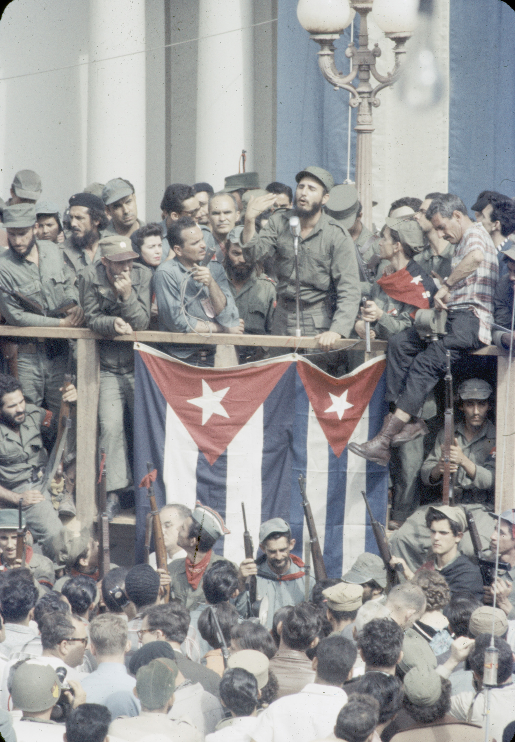 Cuban leader Fidel Castro speaking to people of Santa Clara in the town square.