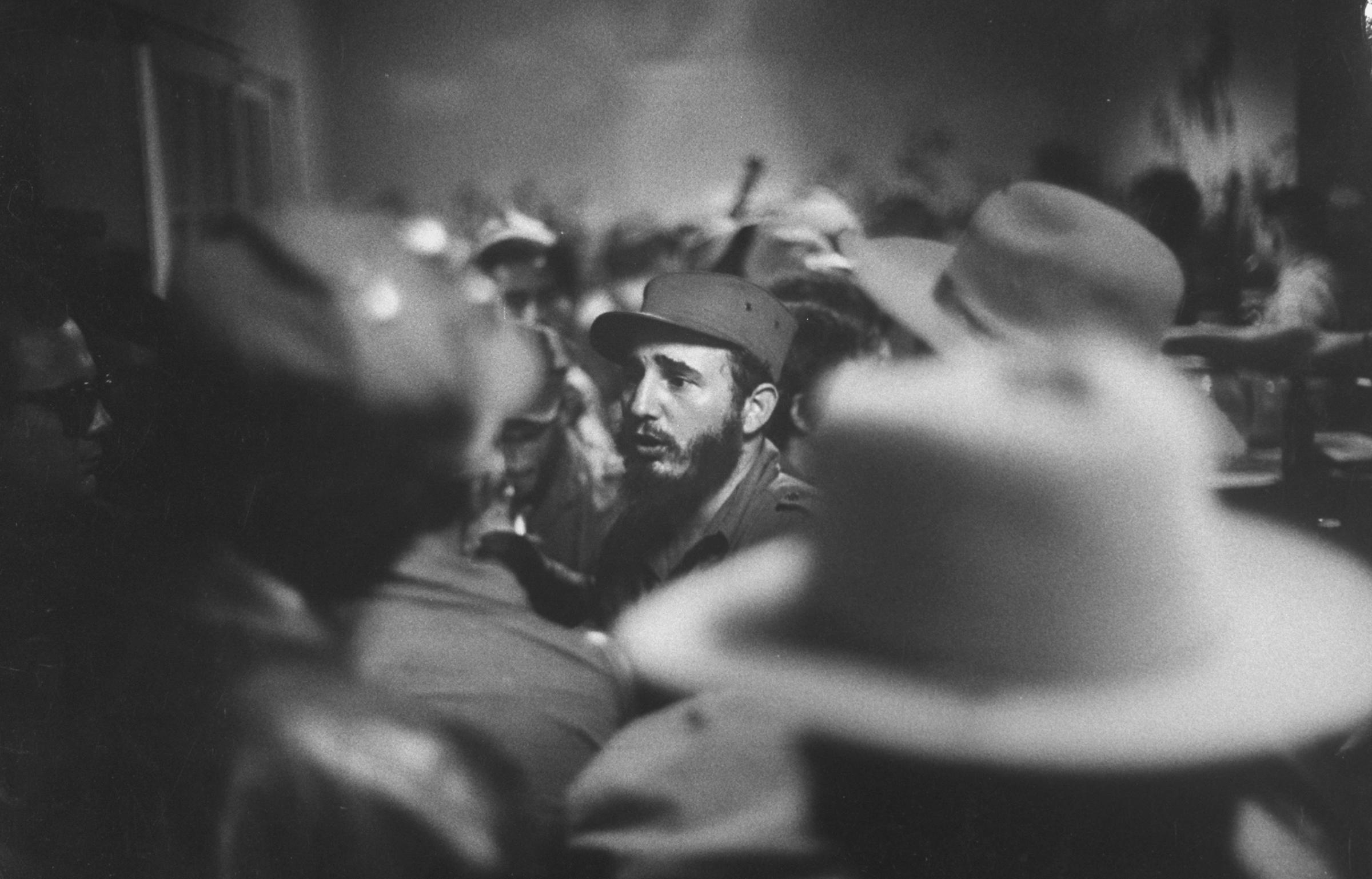 Rebel leader Fidel Castro being cheered by the crowds on his victorious march to Havana.