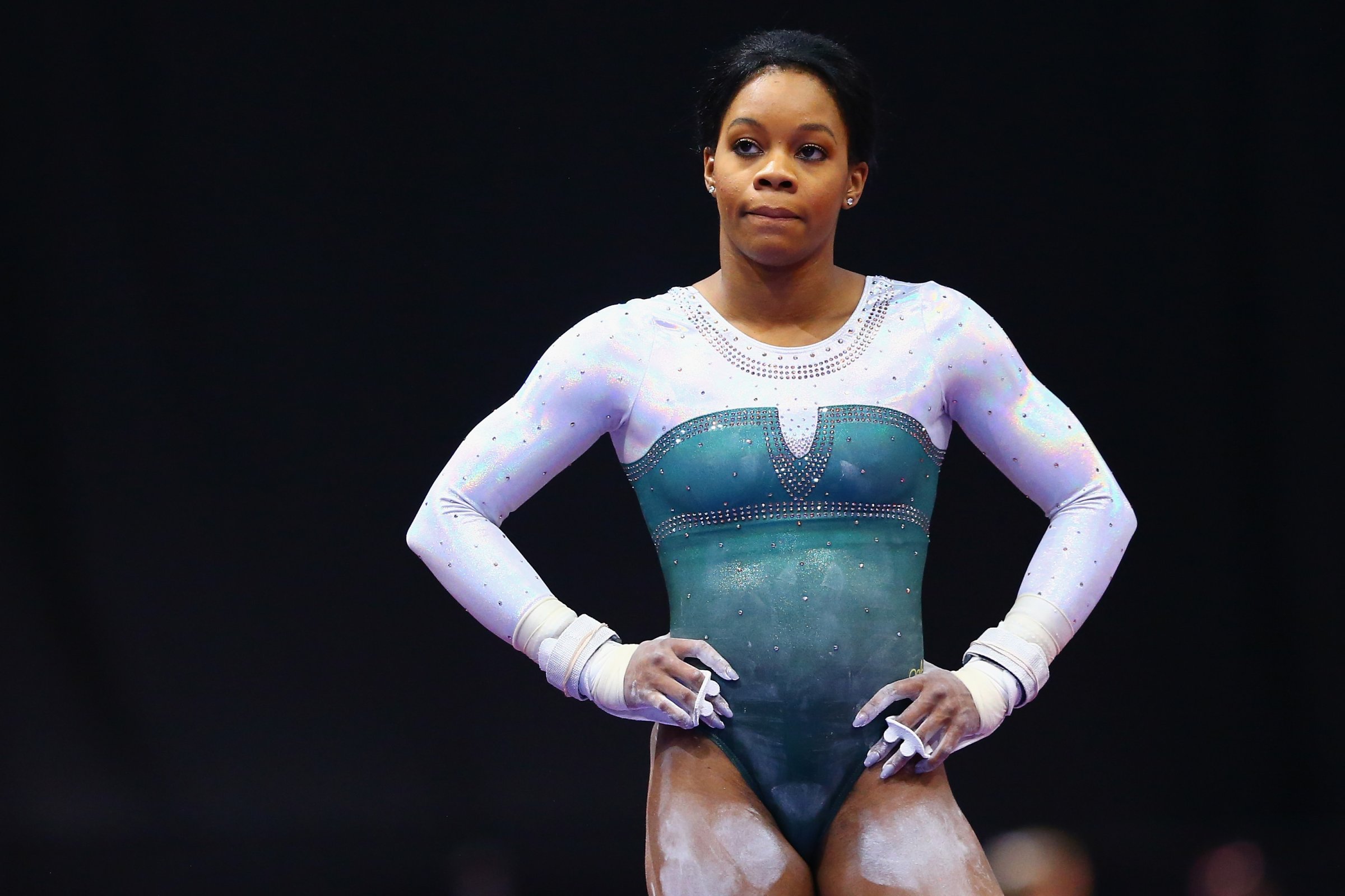 Gabrielle Douglas looks on during warm ups before the Sr. Women's 2016 Secret U.S. Classic at the XL Center on June 4, 2016 in Hartford, Connecticut.