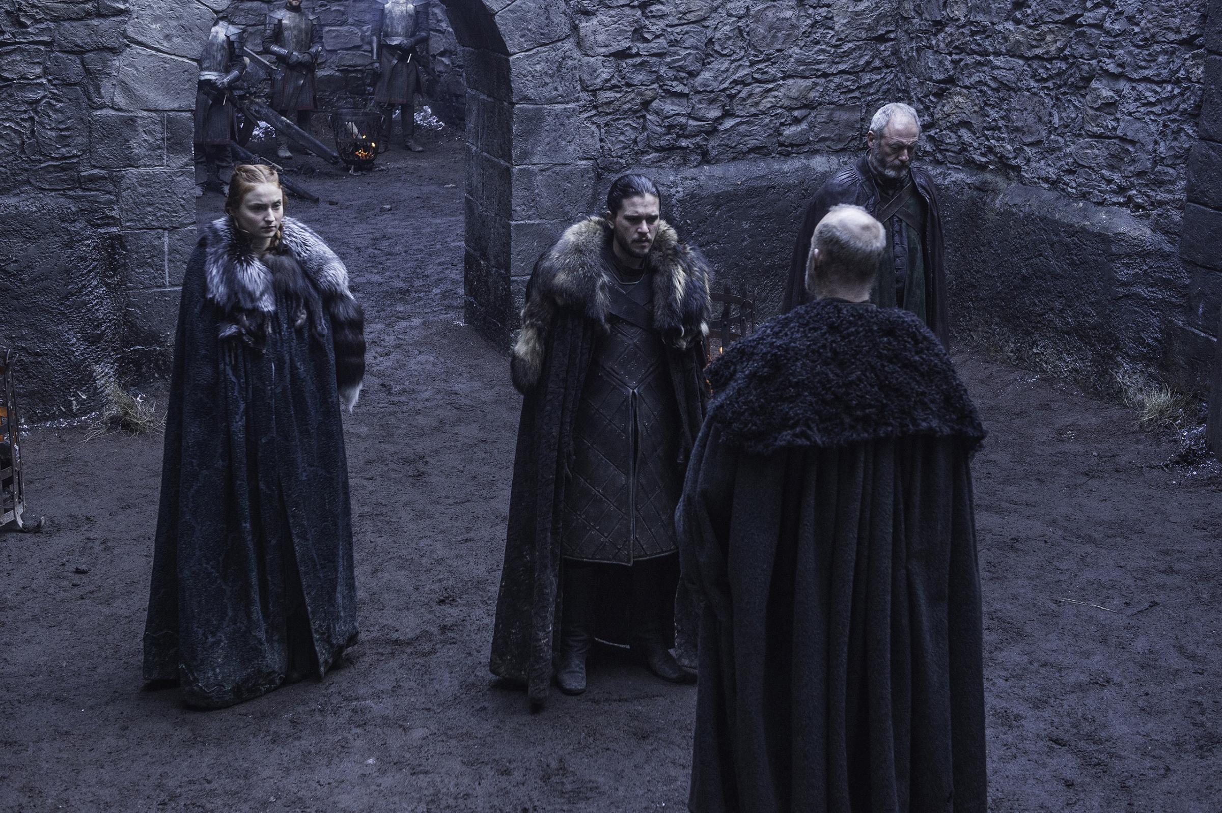 Sophie Turner (Sansa Stark), Kit Harington (Jon Snow), and Tim McInnerny (Robert Glover) in Game of Thrones.