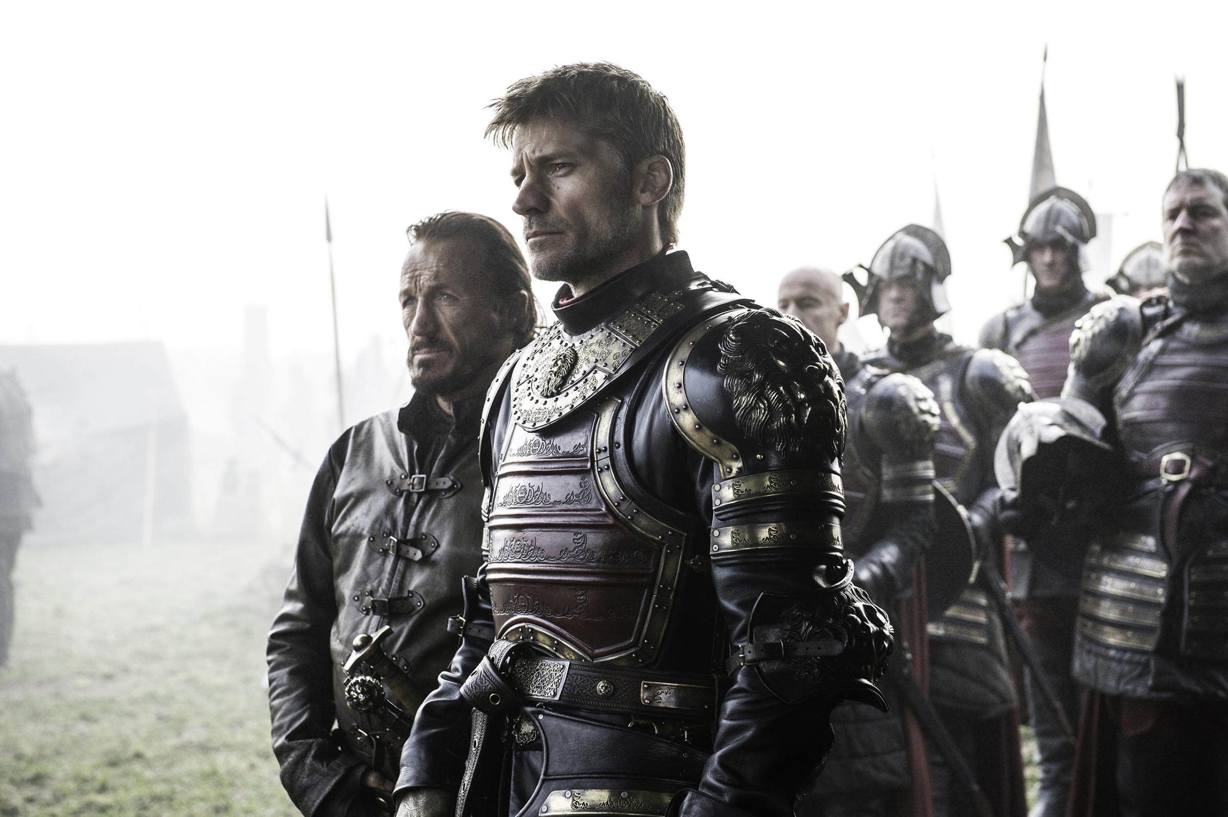 Jerome Flynn (Bronn) and Nikolaj Coster-Waldau (Jaime Lannister) in Game of Thrones.