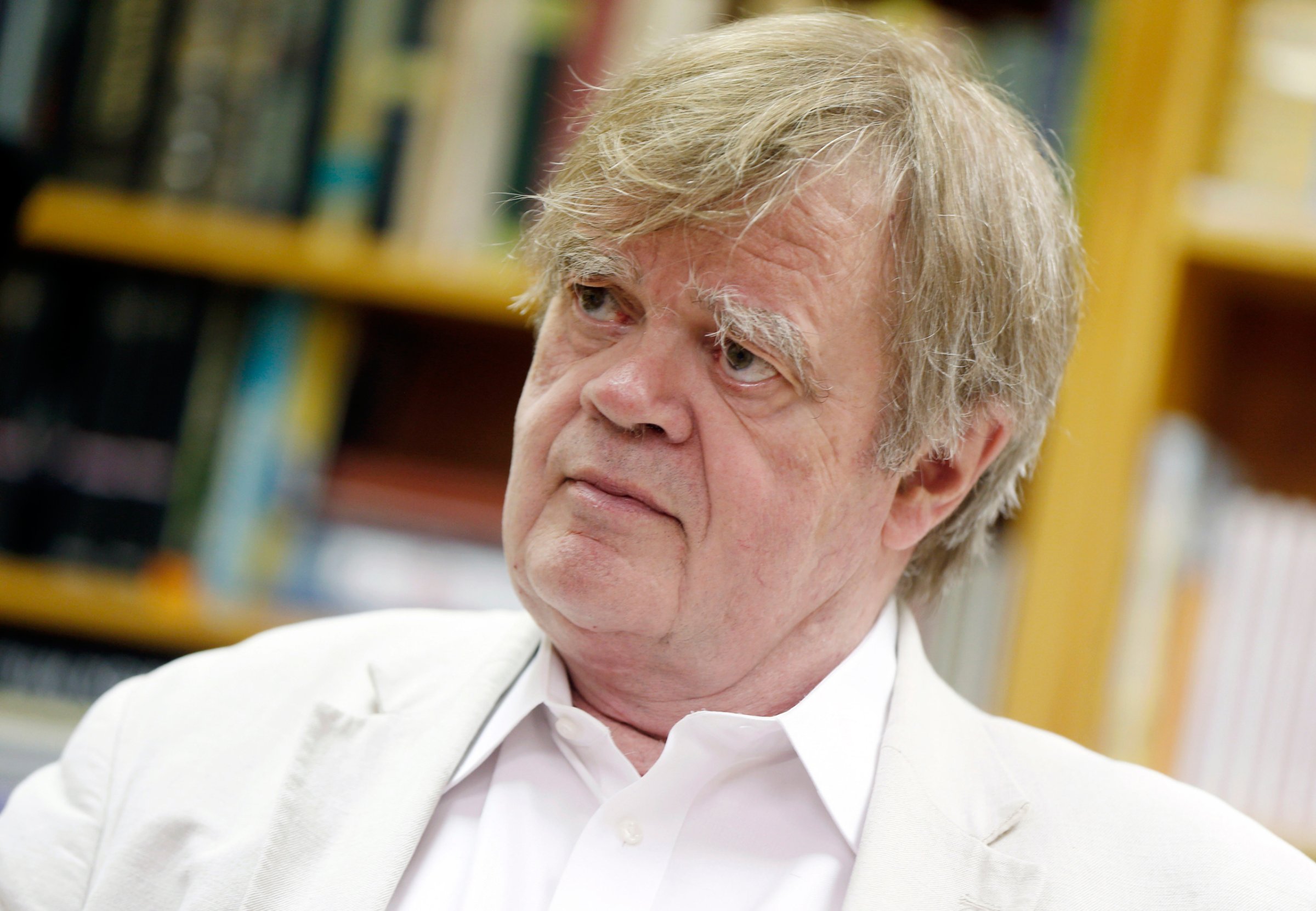 Garrison Keillor, creator and host of "A Prairie Home Companion, in an interview by The Associated Press, Monday, July 20, 2015, in St. Paul, Minn., said he plans to step down after next season and retire such popular sketches as “Guy Noir, Private Eye.” (AP Photo/Jim Mone)