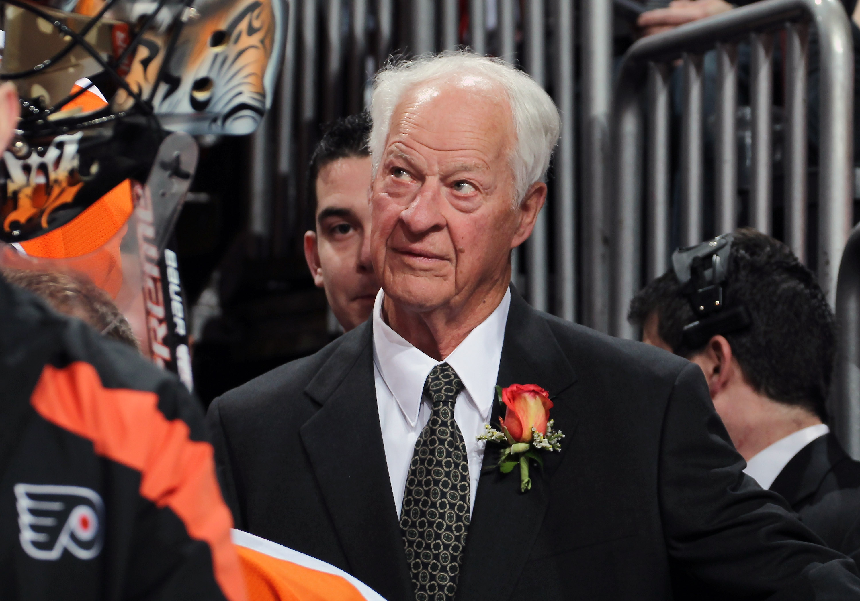Gordie Howe looks on during a number retirement ceremony held for his son Mark Howe of the Philadelphia Flyers on March 6, 2012. (Len Redkoles—NHLI/Getty Images)