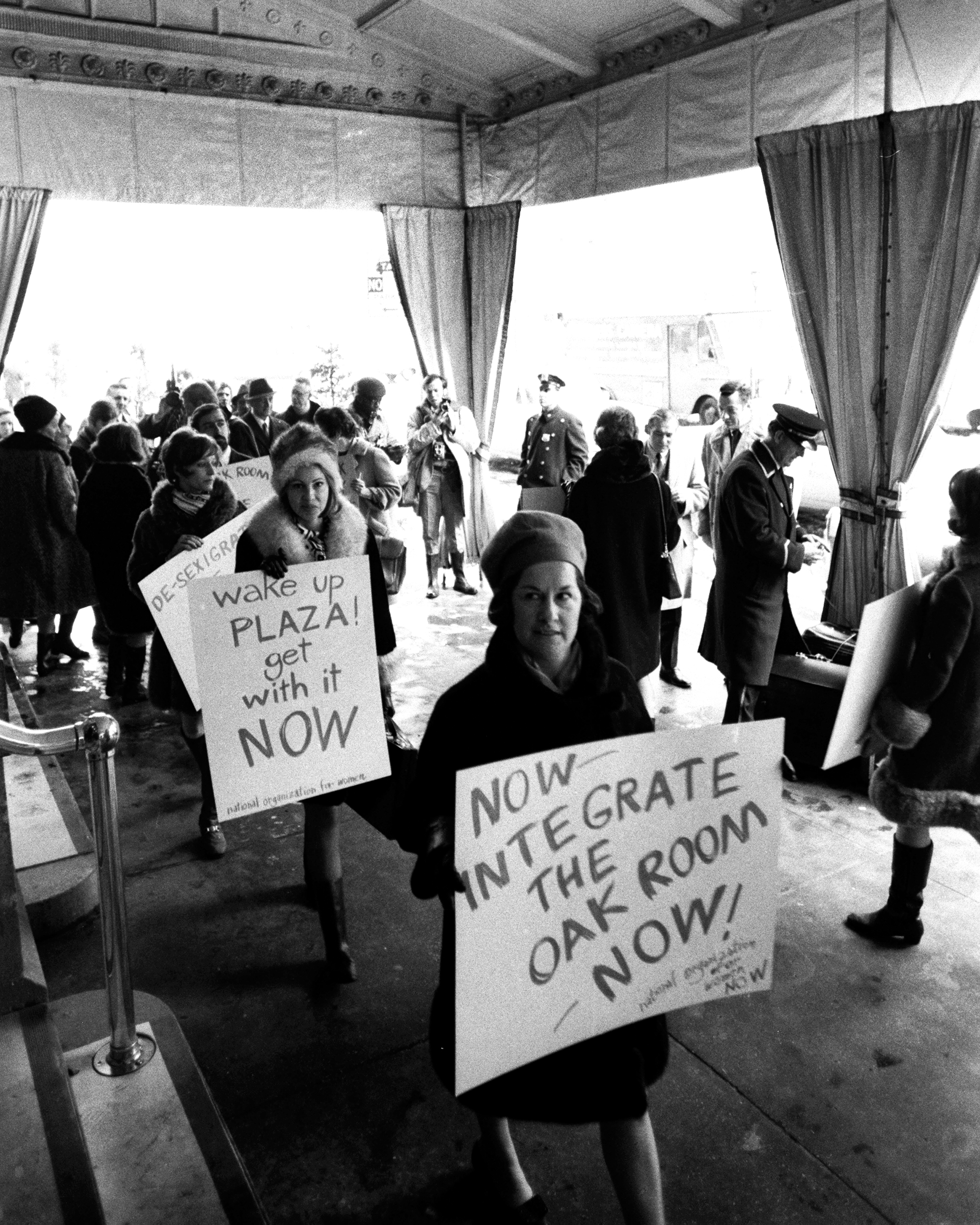 The National Organization for Women, upset by the "men only" policy of the Hotel Plaza, demonstrate outside. (New York Daily News Archive—Getty Images)