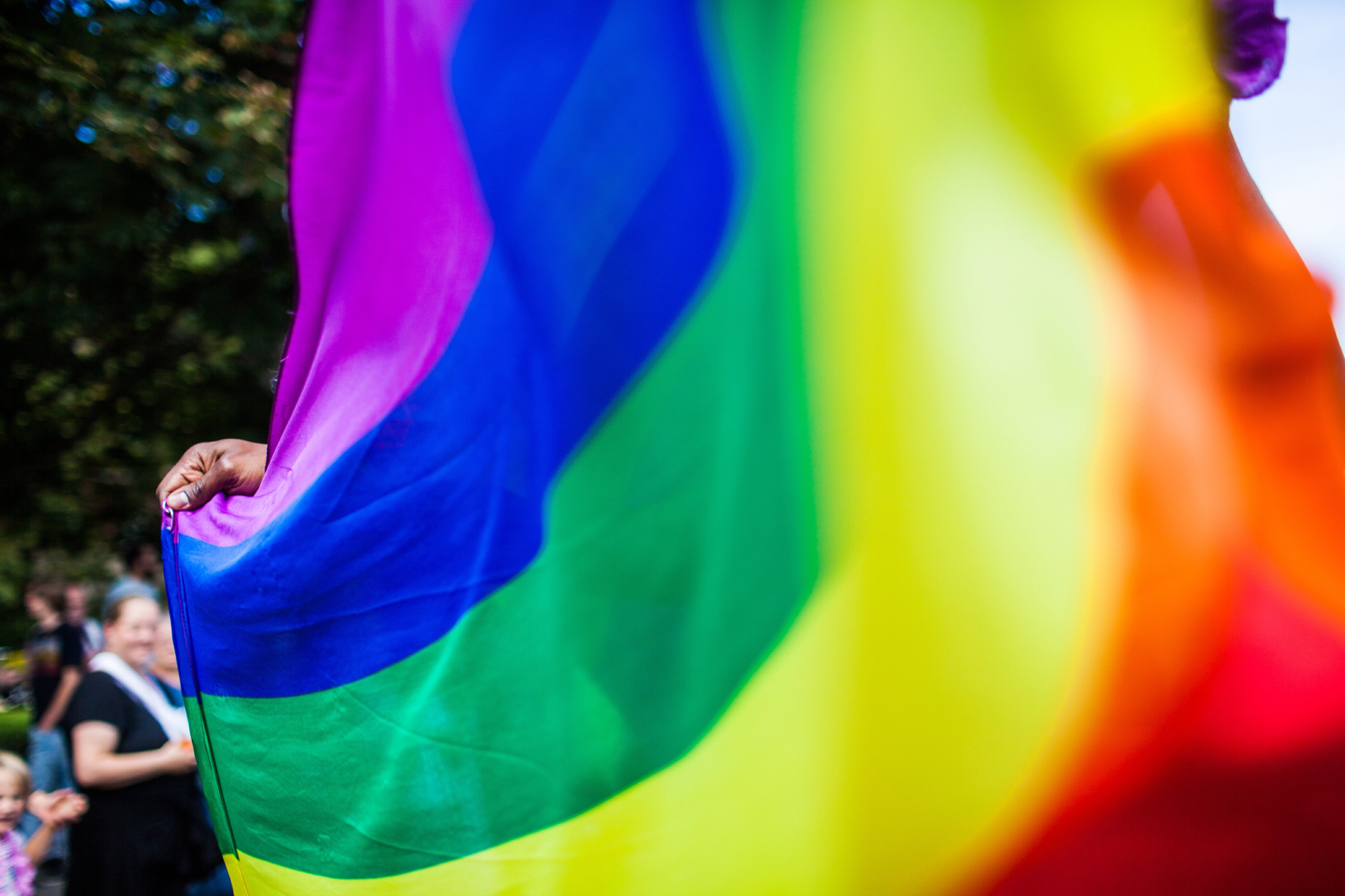 A gay parade participant is waving the rainbow flag, which has become a strong symbol for the worldwide LGBT community. Denmark 2013.