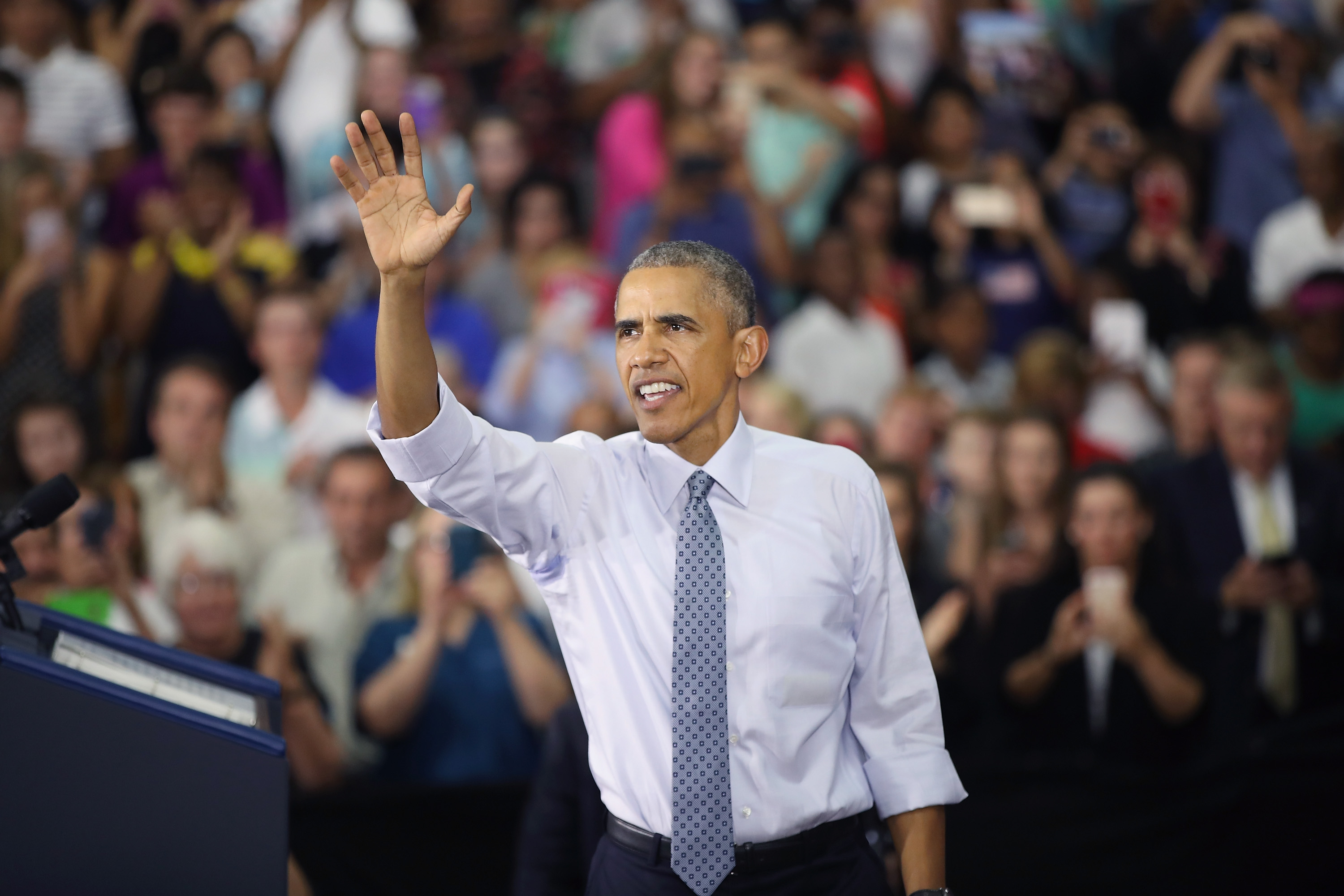 President Barack Obama waves to the crowd at Concord Community High School as he leaves after speaking on June 1, 2016 in Elkhart, Indiana. Obama returned to the school, which he visited more than seven years ago, to highlight economic progress made during his administration. Scott Olson&mdash;Getty Images (Scott Olson&mdash;Getty Images)