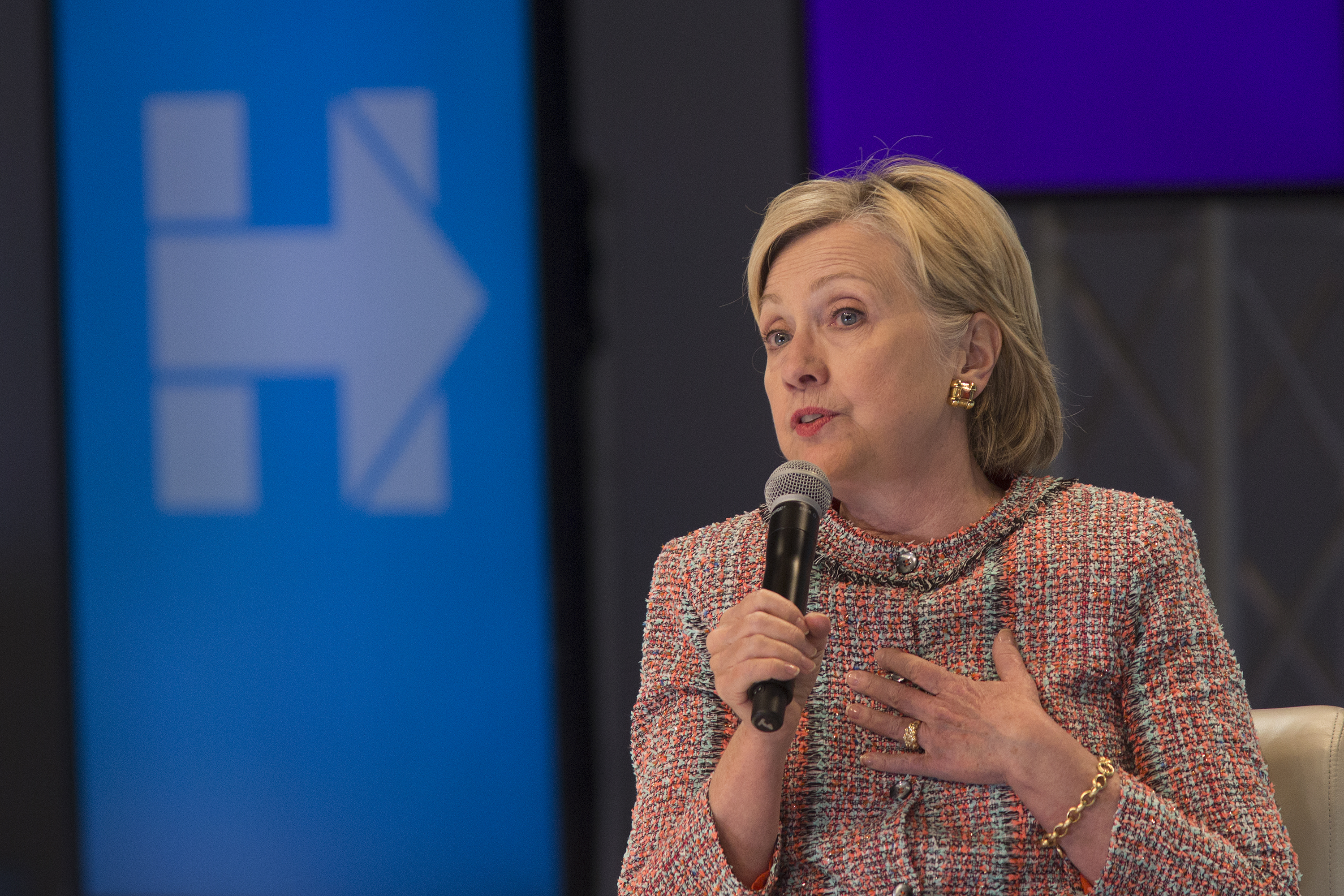 Democratic presidential candidate Hillary Clinton answers a question from an audience member at a town hall discussion with digital content creators at Neuehouse Hollywood on June 28, 2016 in Los Angeles, California. (David McNew&mdash;Getty Images)