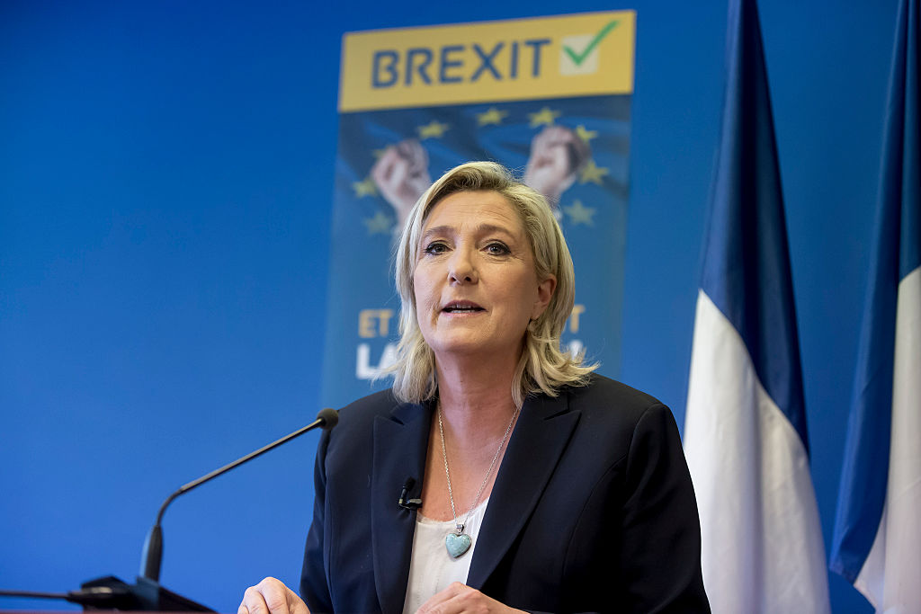 French President of Front National Marine Le Pen speaks during the press conference at the National Front political party headquarters concerning ‘Brexit’, the Referendum on membership of the United Kingdom to the European Union in Paris in June 24, 2016. (Vincent Isore—IP3/Getty Images)