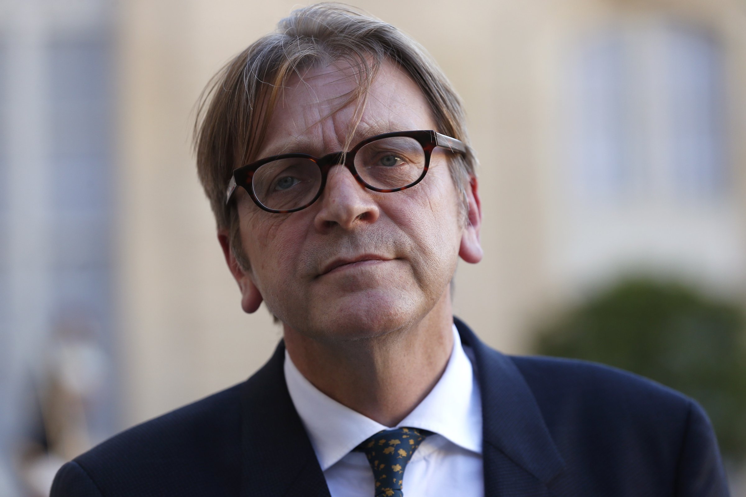 Guy Verhofstadt, Belgian member of the European Parliament, leader of the Alliance of liberals and Democrats for Europe (ALDE) group, and former Belgium prime minister, speaks to journalists after a meeting with French President at the Elysee Presidential Palace, in Paris on Sept. 29, 2015.