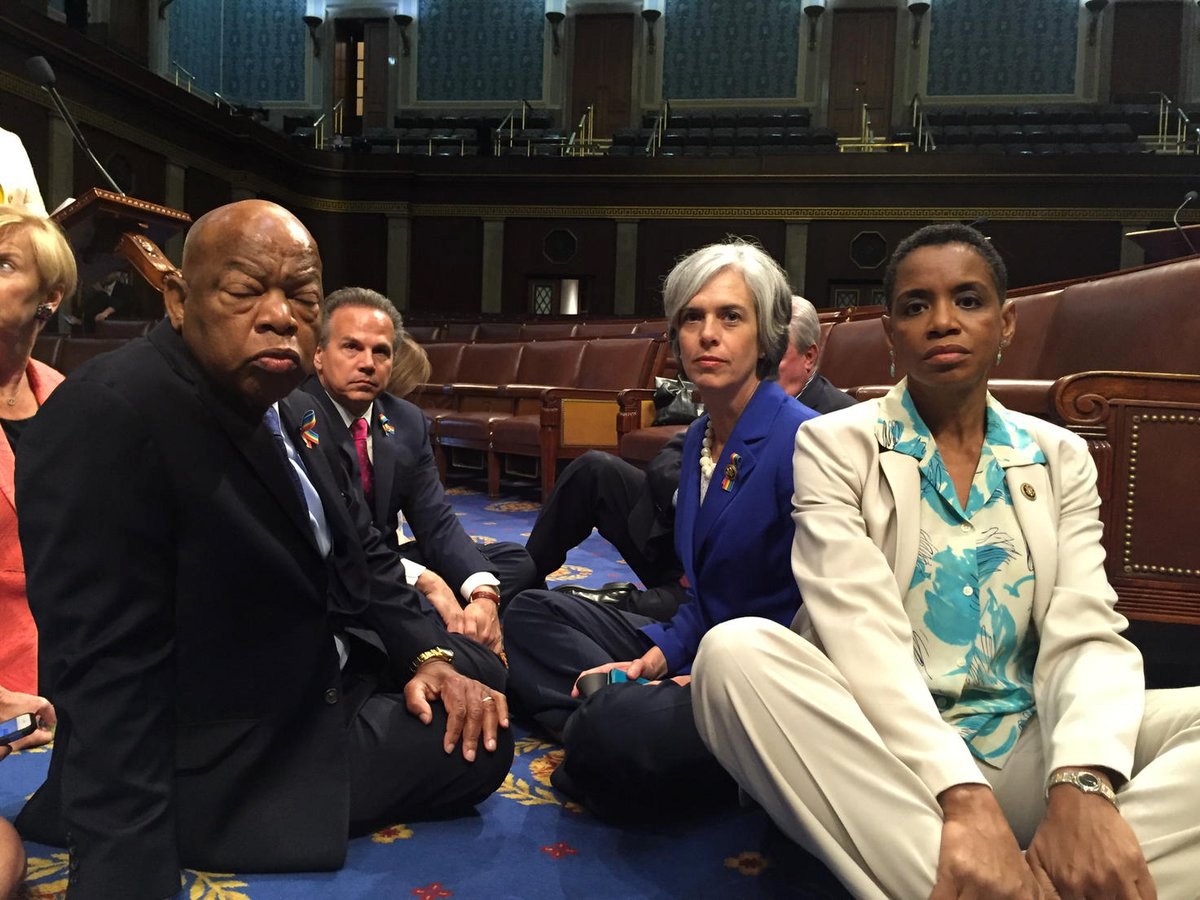 A photo tweeted from the floor of the U.S. House by Rep. Edwards shows Democratic House members staging a sit-in over gun legislation in Washington