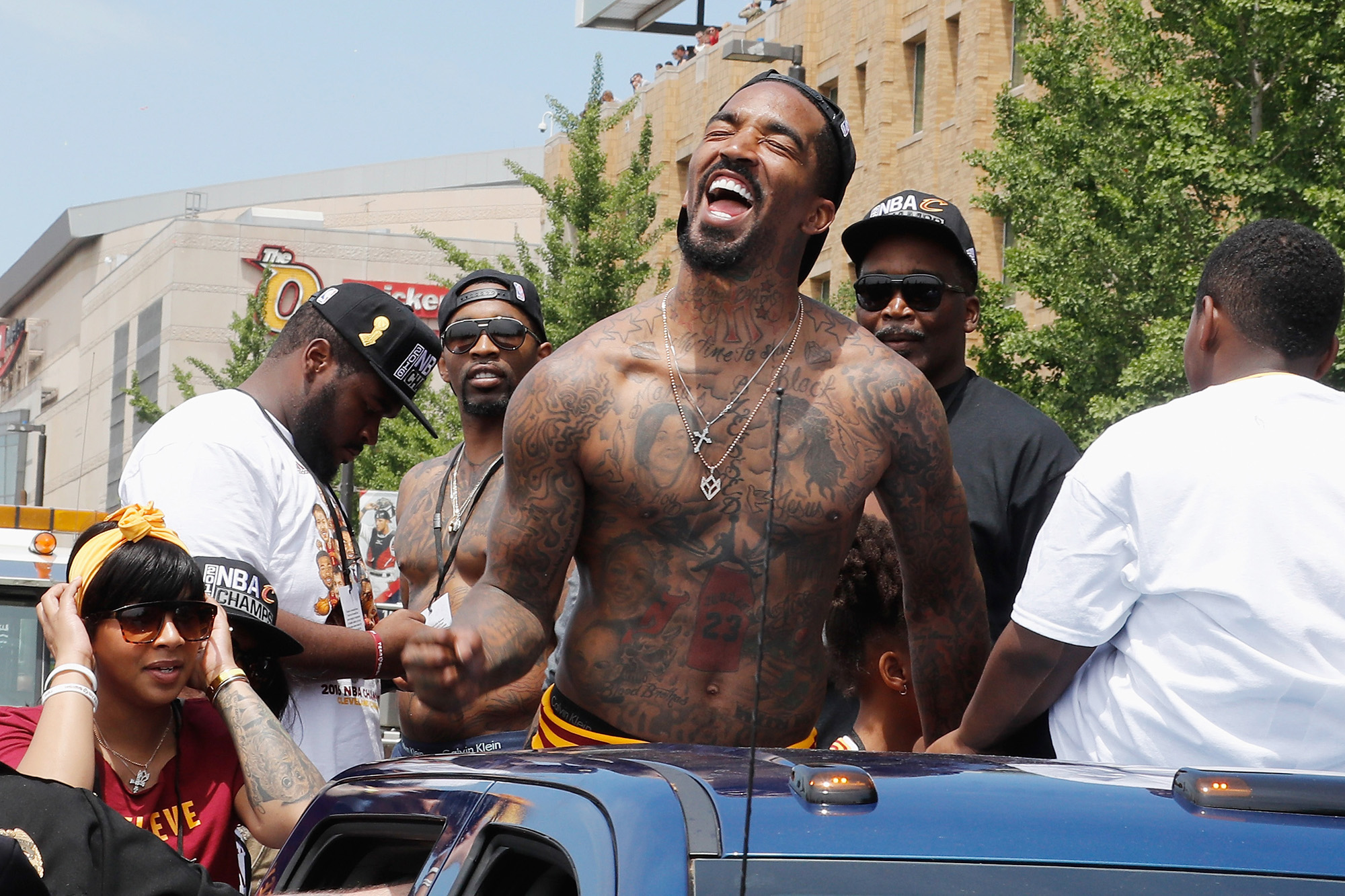 J.R. Smith #5 of the Cleveland Cavaliers waves at fans during the Cleveland Cavaliers Victory Parade And Rally on June 22, 2016 in downtown Cleveland, Ohio. (Gregory Shamus-Getty Images)