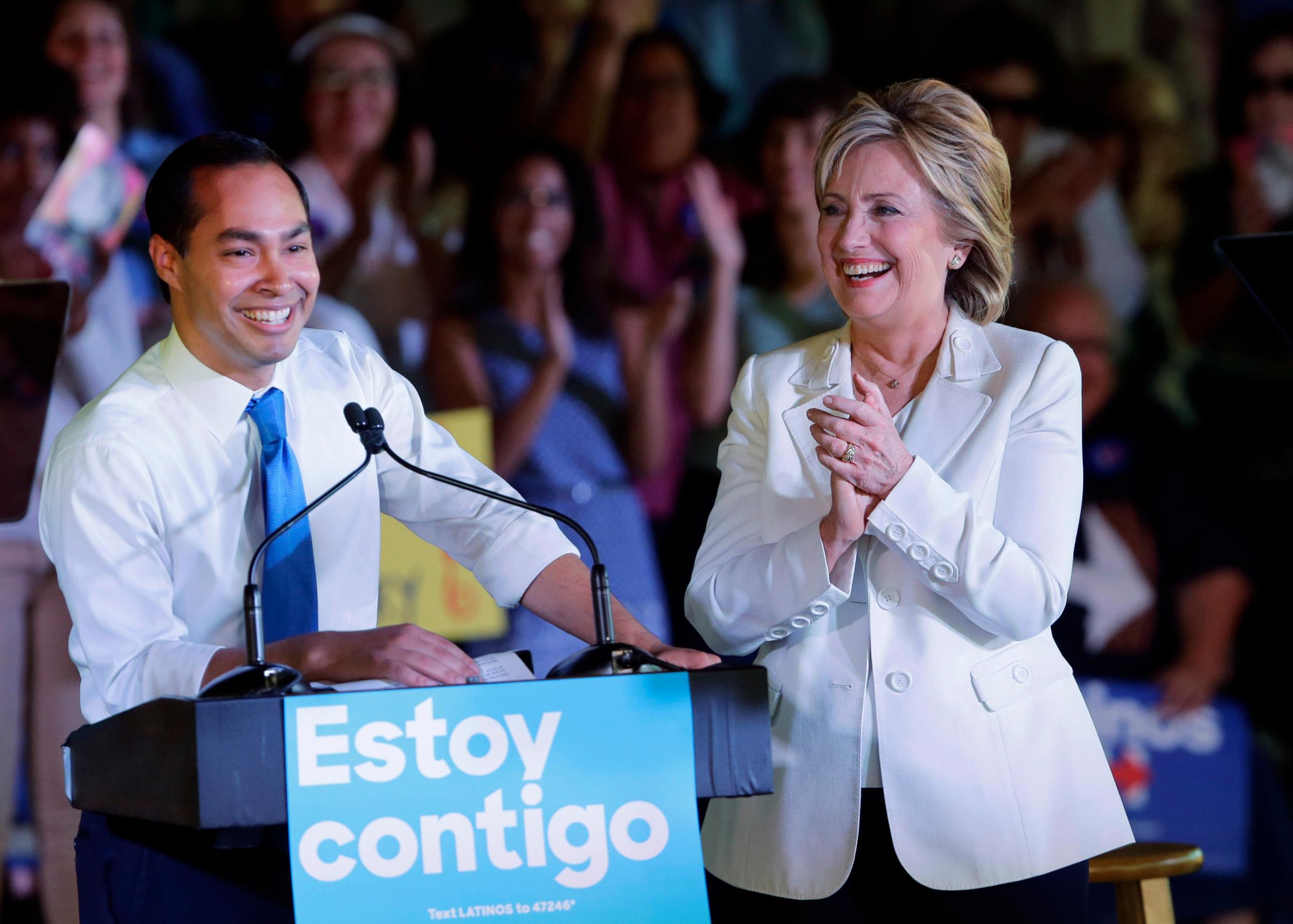Democratic presidential candidate Hillary Rodham Clinton, right, with Housing and Urban Development Secretary Julian Castro, left, during a campaign event in San Antonio on Oct. 15, 2015.