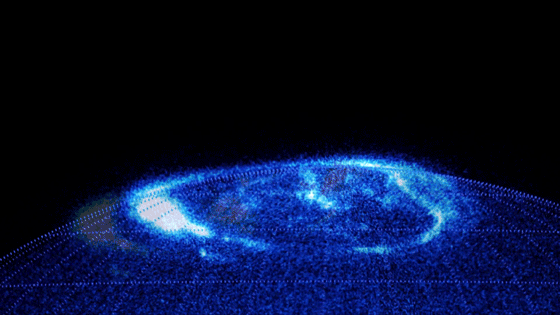 An animated gif created from a timelapse of the vivid auroras in Jupiter’s atmosphere.