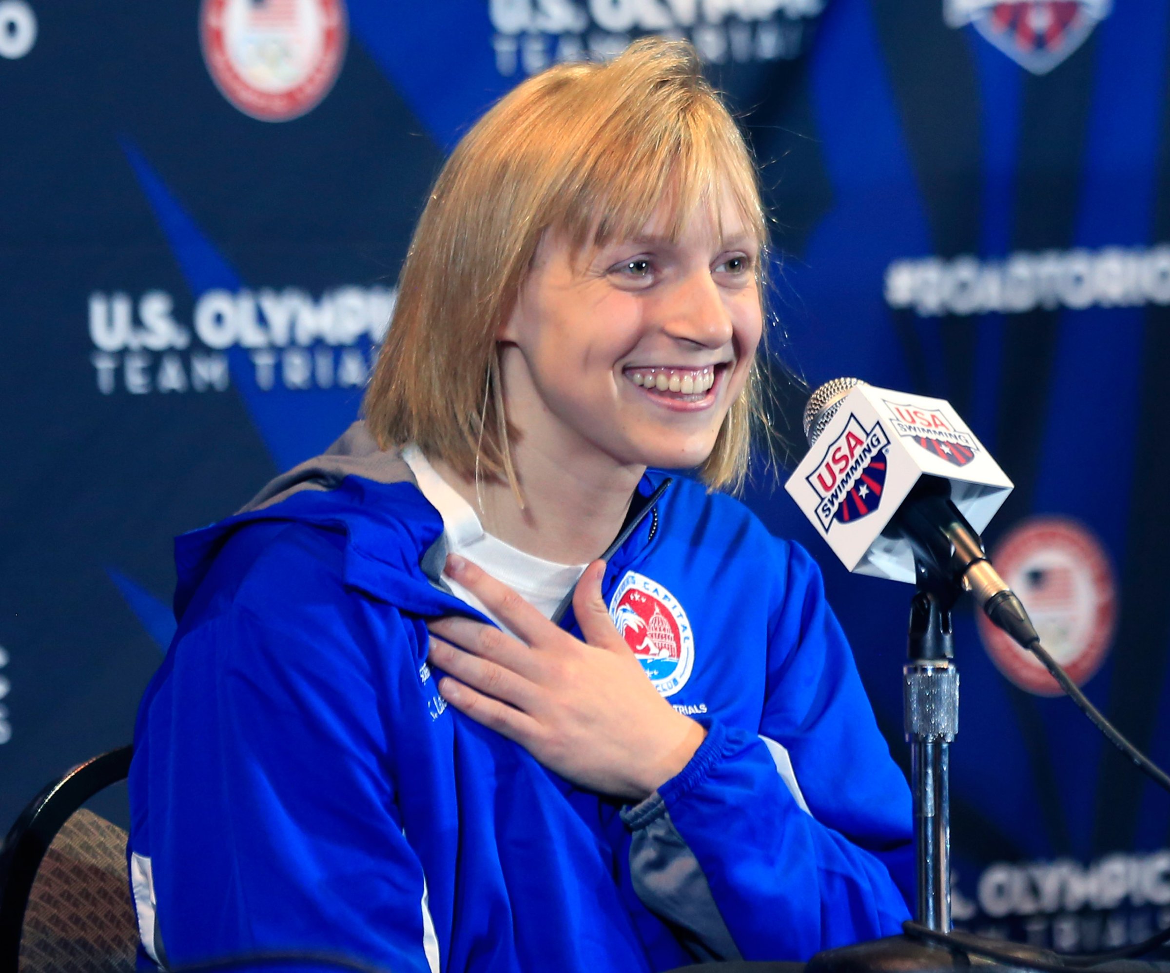 Olympic gold medalist Katie Ledecky speaks during a news conference at U.S. Olympic team trials in Omaha, Neb., Friday, June 24, 2016. (AP Photo/Orlin Wagner)