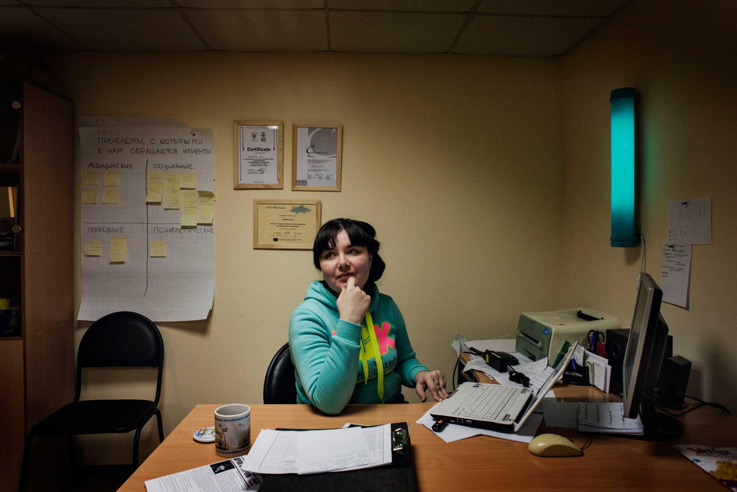 Lyudmila Vince in her office in Chance Plus, an organization that support drug users. According to Lyudmila in the region despite its not very long presence in the market Krokodil killed more people than heroin appeared right after the collapse of the Soviet Union.
