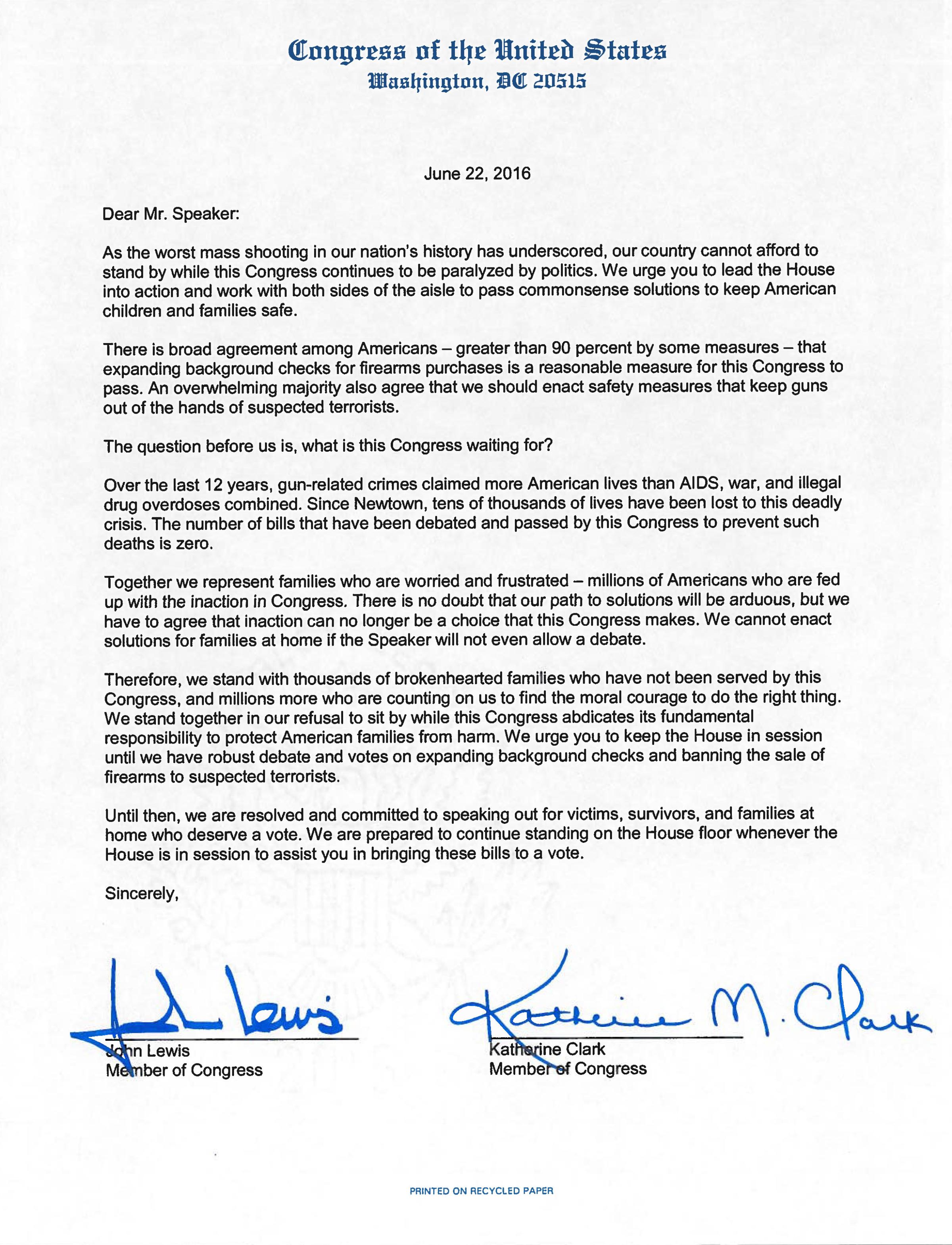 Letter delivered to Speaker Paul Ryan, June 22, 2016.
