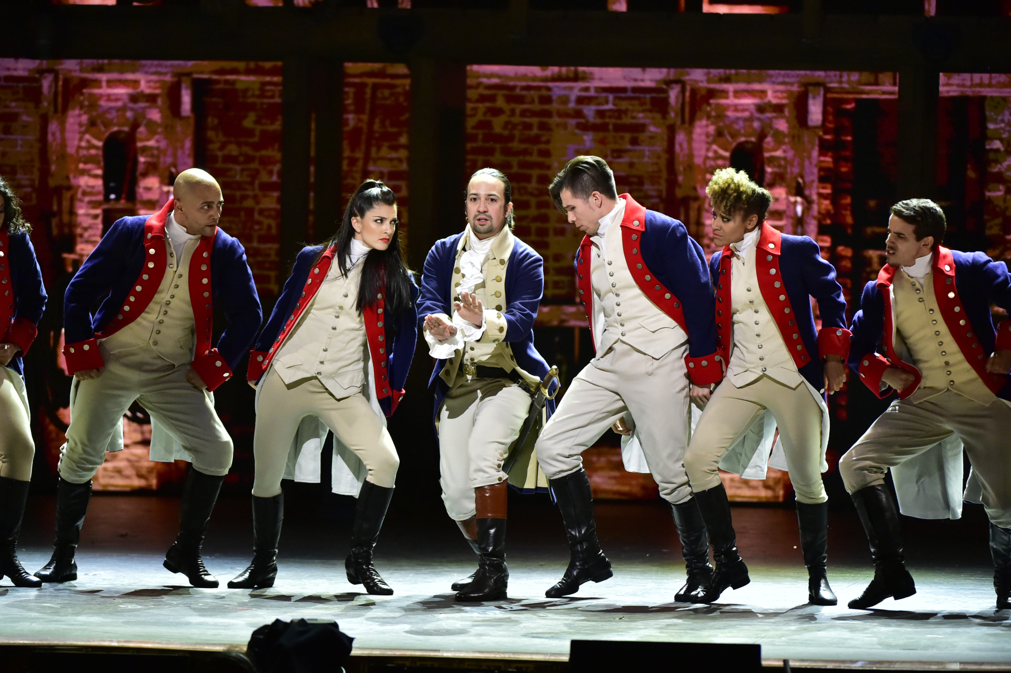 NEW YORK - JUNE 12: Lin-Manuel Miranda and the cast of Hamilton at THE 70TH ANNUAL TONY AWARDS, live from the Beacon Theatre in New York City, Sunday, June 12 (8:00-11:00 PM, live ET/ delayed PT) on the CBS Television Network. (Photo by John Paul Filo/CBS via Getty Images) (CBS Photo Archive — Getty Images)