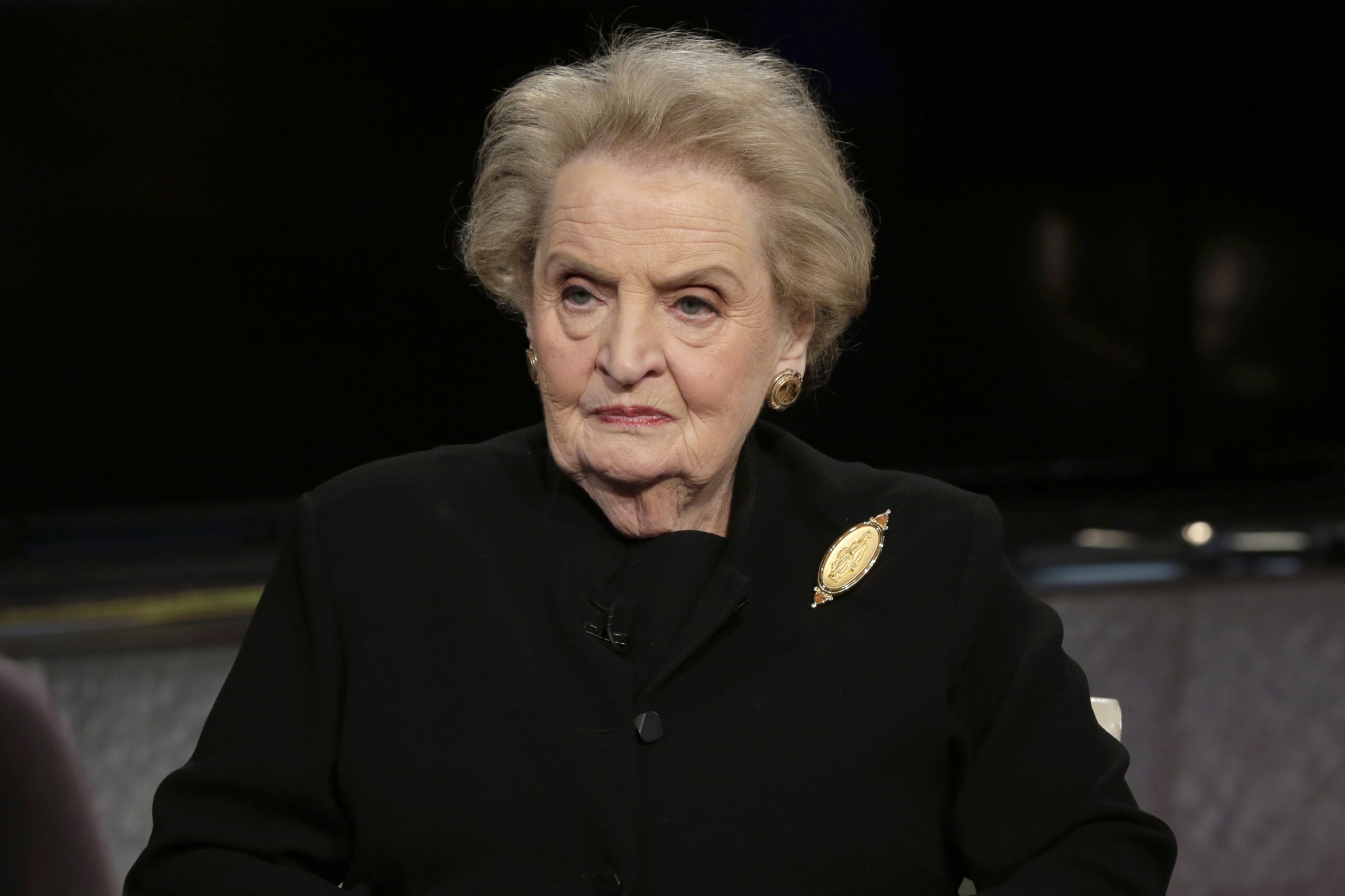 Former U.S. Secretary of State Madeleine Albright is interviewed by Maria Bartiromo on her "Mornings with Maria" program on the Fox Business Network, in New York Wednesday, March 2, 2016. (AP Photo/Richard Drew)