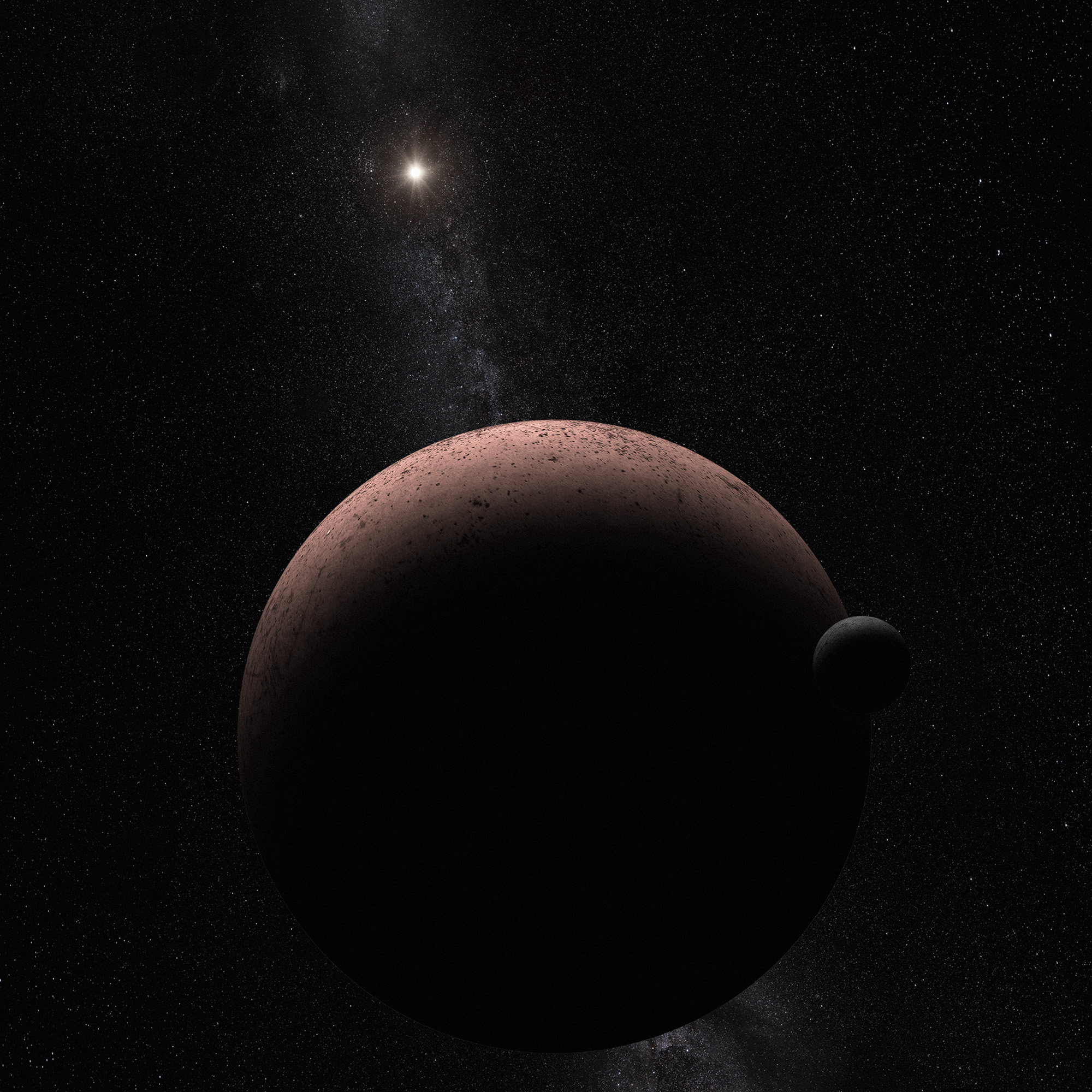 This artist's concept shows the distant dwarf planet Makemake and its newly discovered moon. Makemake and its moon, nicknamed MK 2, are more than 50 times farther away than Earth is from the sun. (NASA/ESA/A. Parker (Southwest Research Institute))