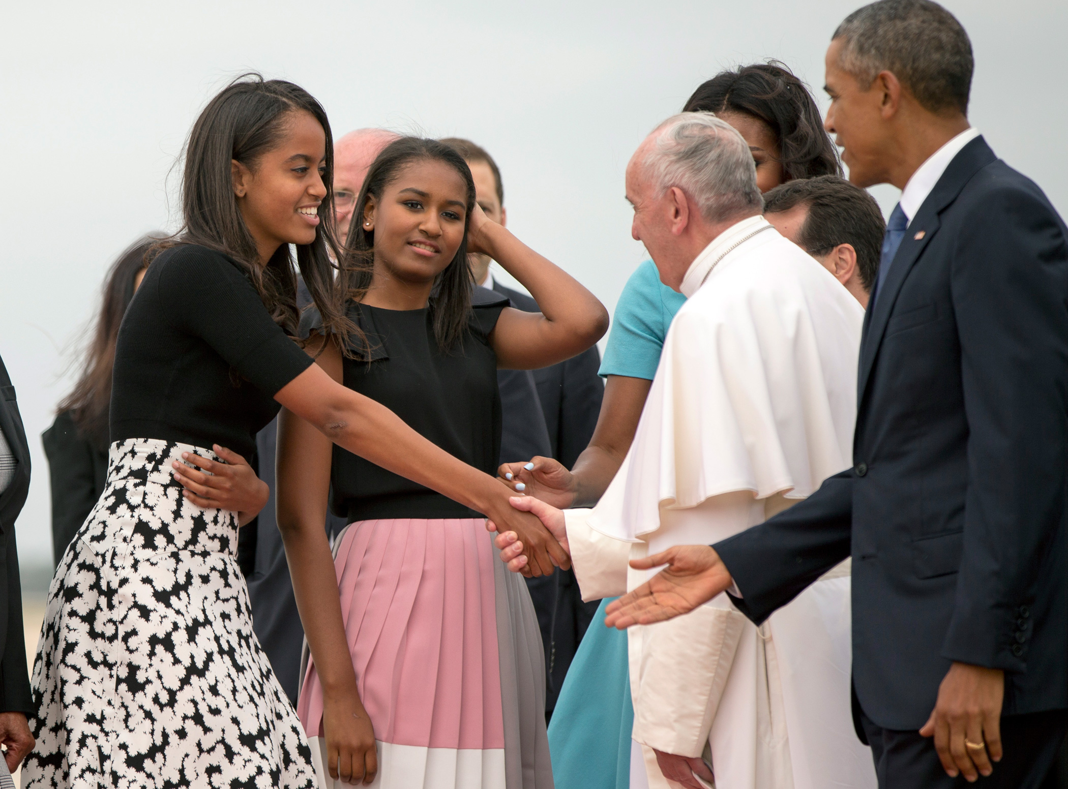 Sept. 22, 2015
                              President Barack Obama and his daughters Malia and Sasha greet Pope Francis upon his arrival at Andrews Air Force Base, Md.