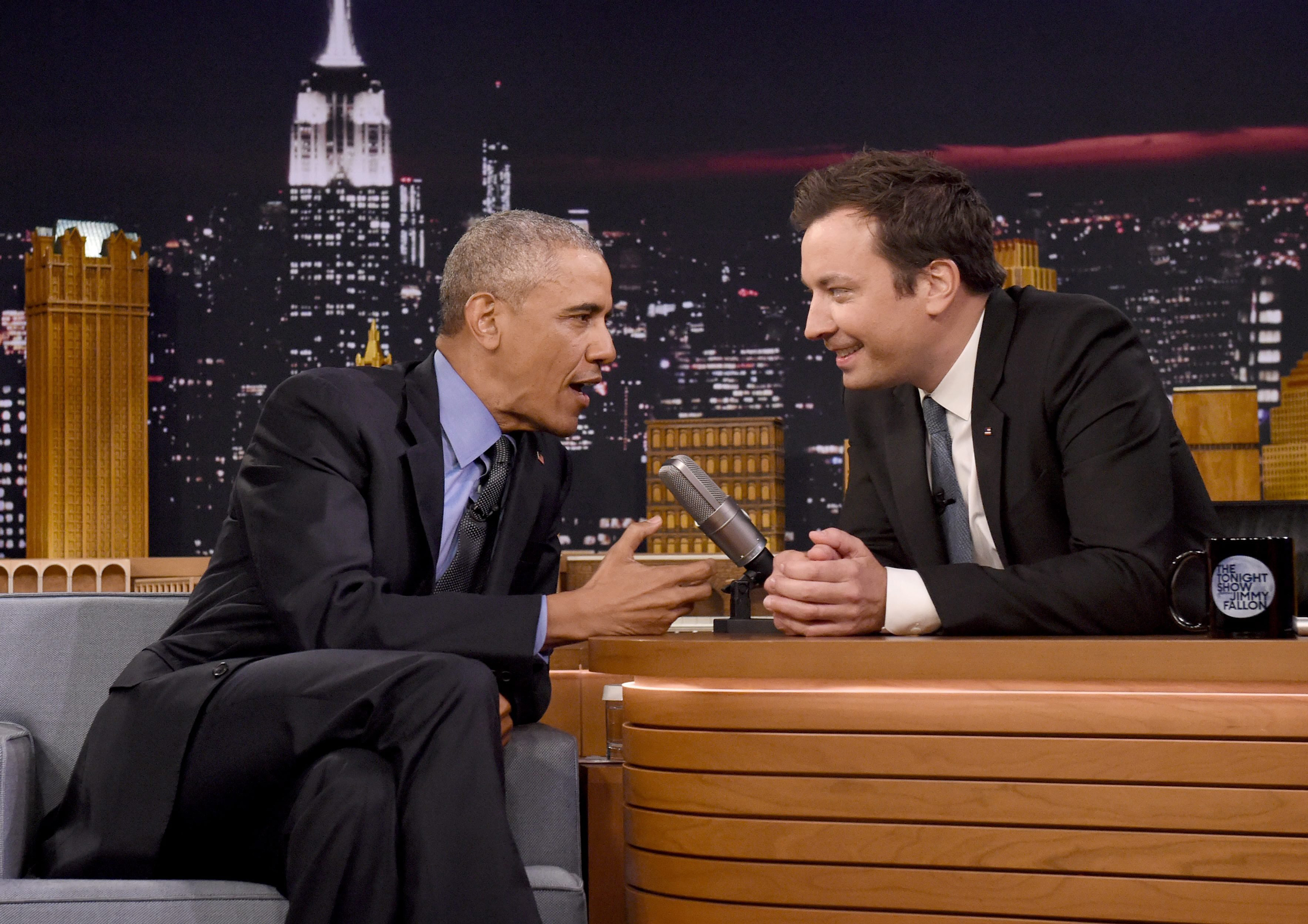 President Barack Obama speaks with Jimmy Fallon on the set of the Tonight Show at NBC Studios in New York on June 8, 2016. (Thomas A. Ferrara—EPA)