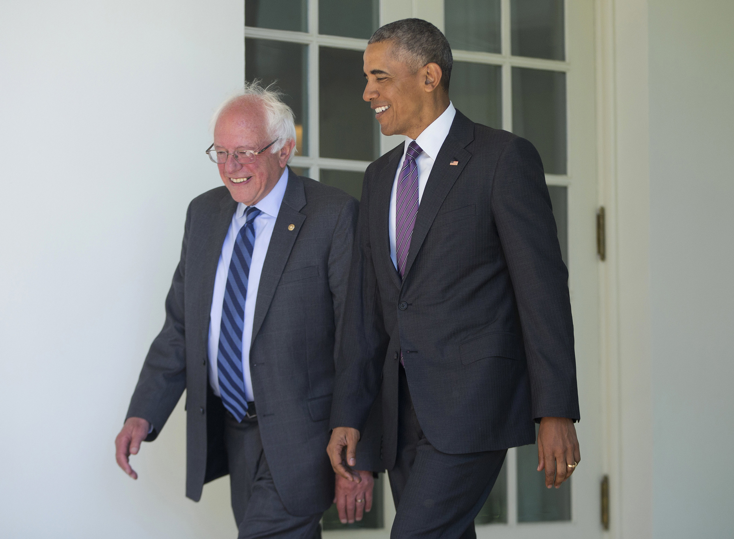 President Barack Obama walks with Democratic presidential candidate Bernie Sanders, down the Colonnade of the White House in Washington, D.C., June 9, 2016. (Pablo Martinez Monsivais—AP)