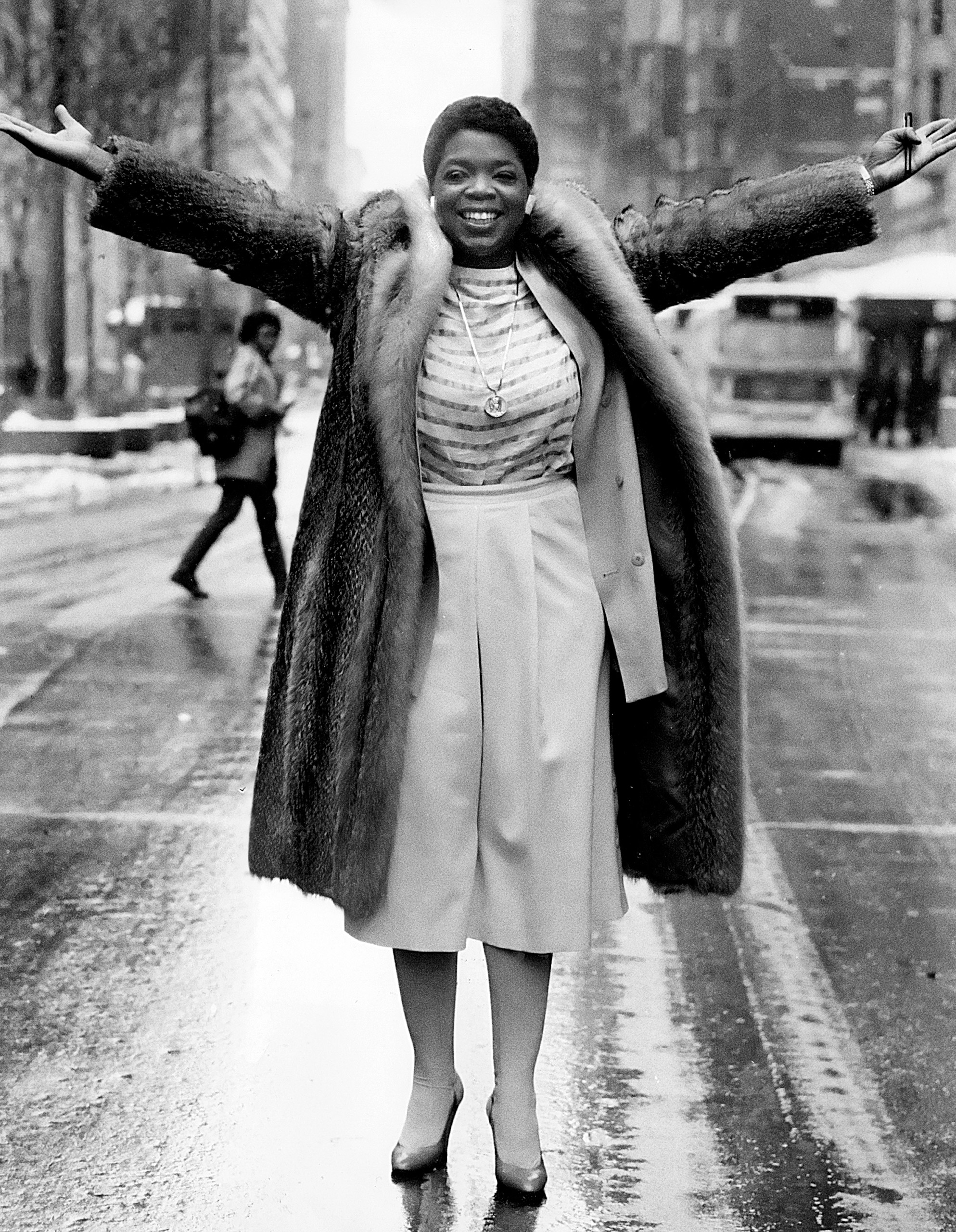 Oprah Winfrey, the host of "AM Chicago", poses for a photo on State Street in Chicago, Illinois, 1984.