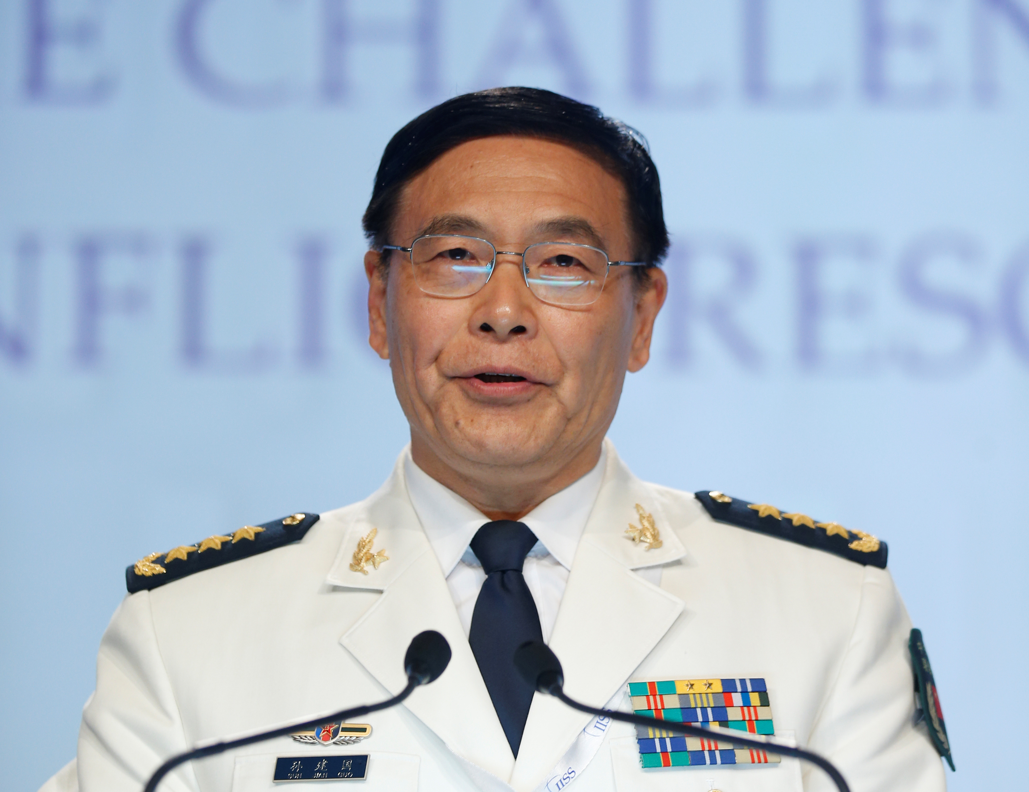 China's Joint Staff Department Deputy Chief Admiral Sun Jianguo speaks at the IISS Shangri-La Dialogue in Singapore