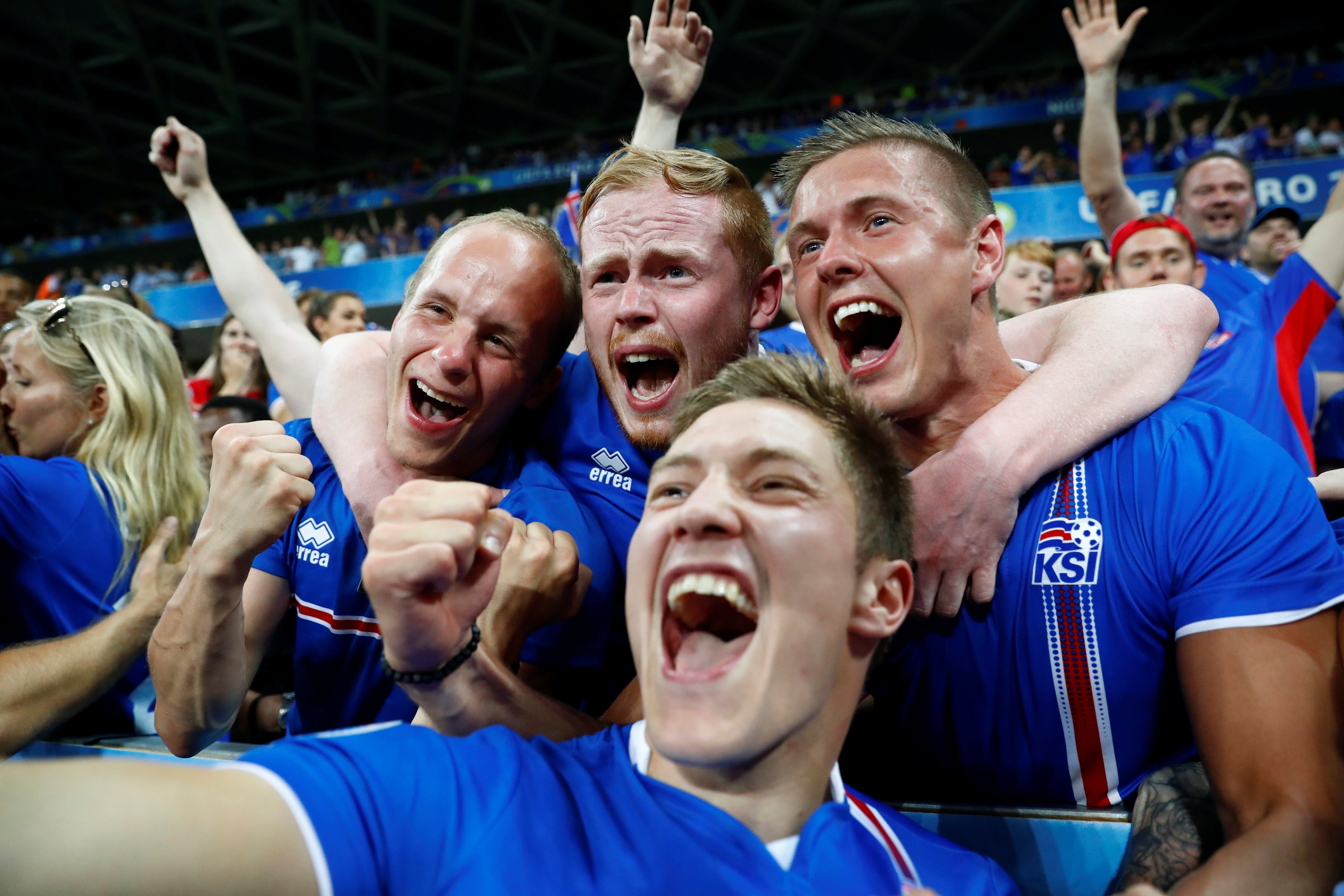 Iceland fans celebrate after their team defeats England 2-1 in a Euro 2016 game at the Stade de Nice, in Nice, France,  on June 27 2016 (Reuters Staff—REUTERS)