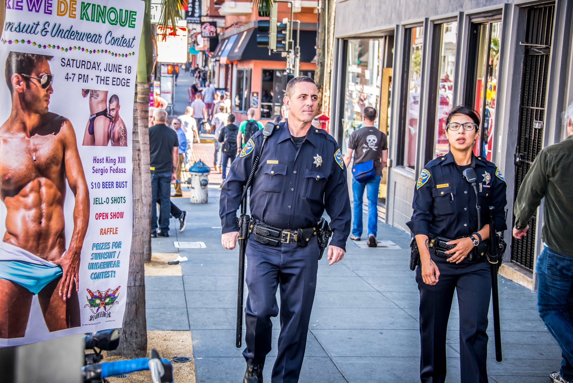 SFPD Officers patrol Castro Street in San Francisco on June 18, 2016.