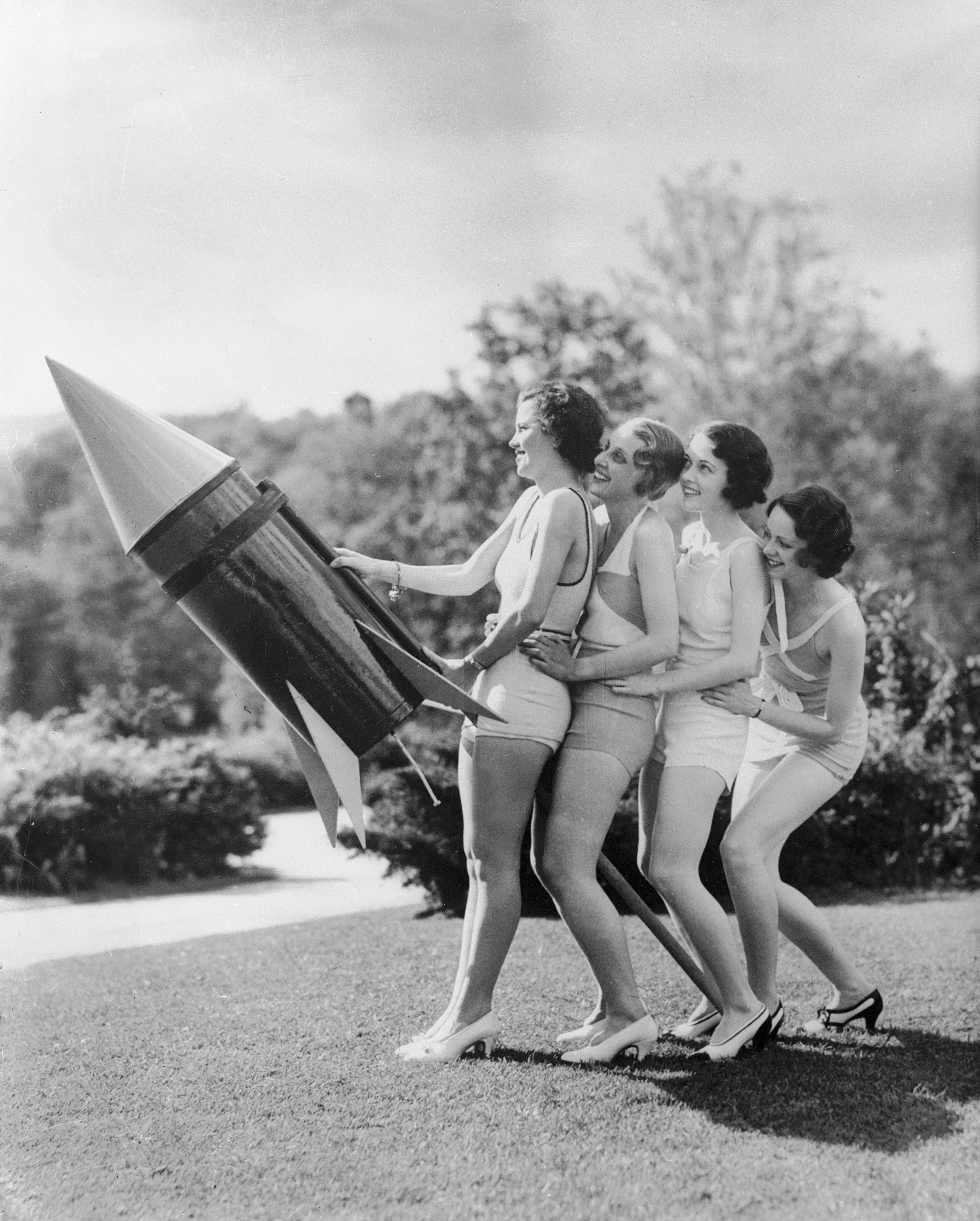 Members of the Greenbriar Amateur Movie Club of White Sulphur Springs, West Virginia with their rocket for 4th July celebrations, circa 1933.