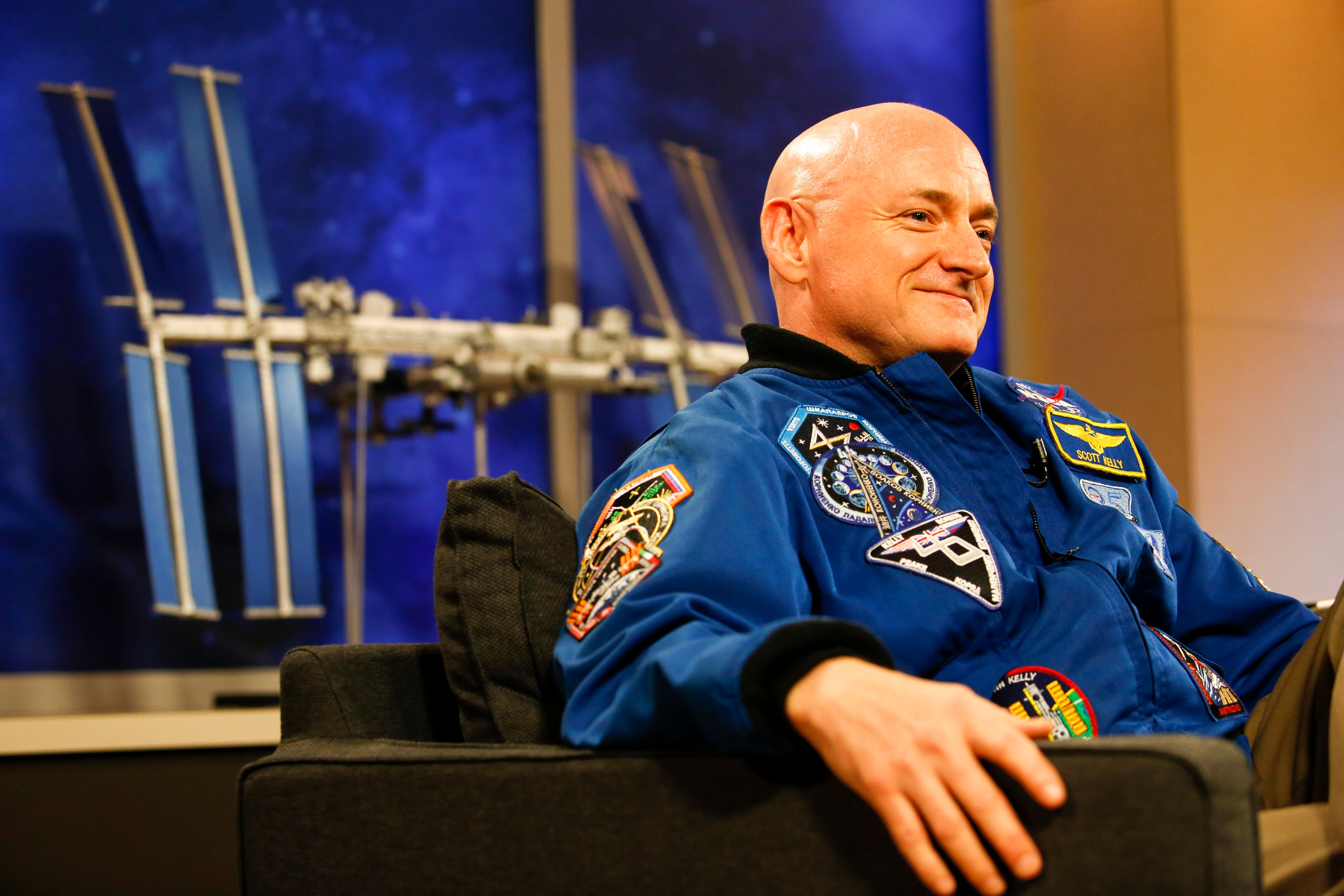 NASA Astronaut Scott Kelly speaks to the media after returning from a one year mission in space at the Johnson Space Center in Texas on March 4, 2016. (Eric Kayne—Getty Images)