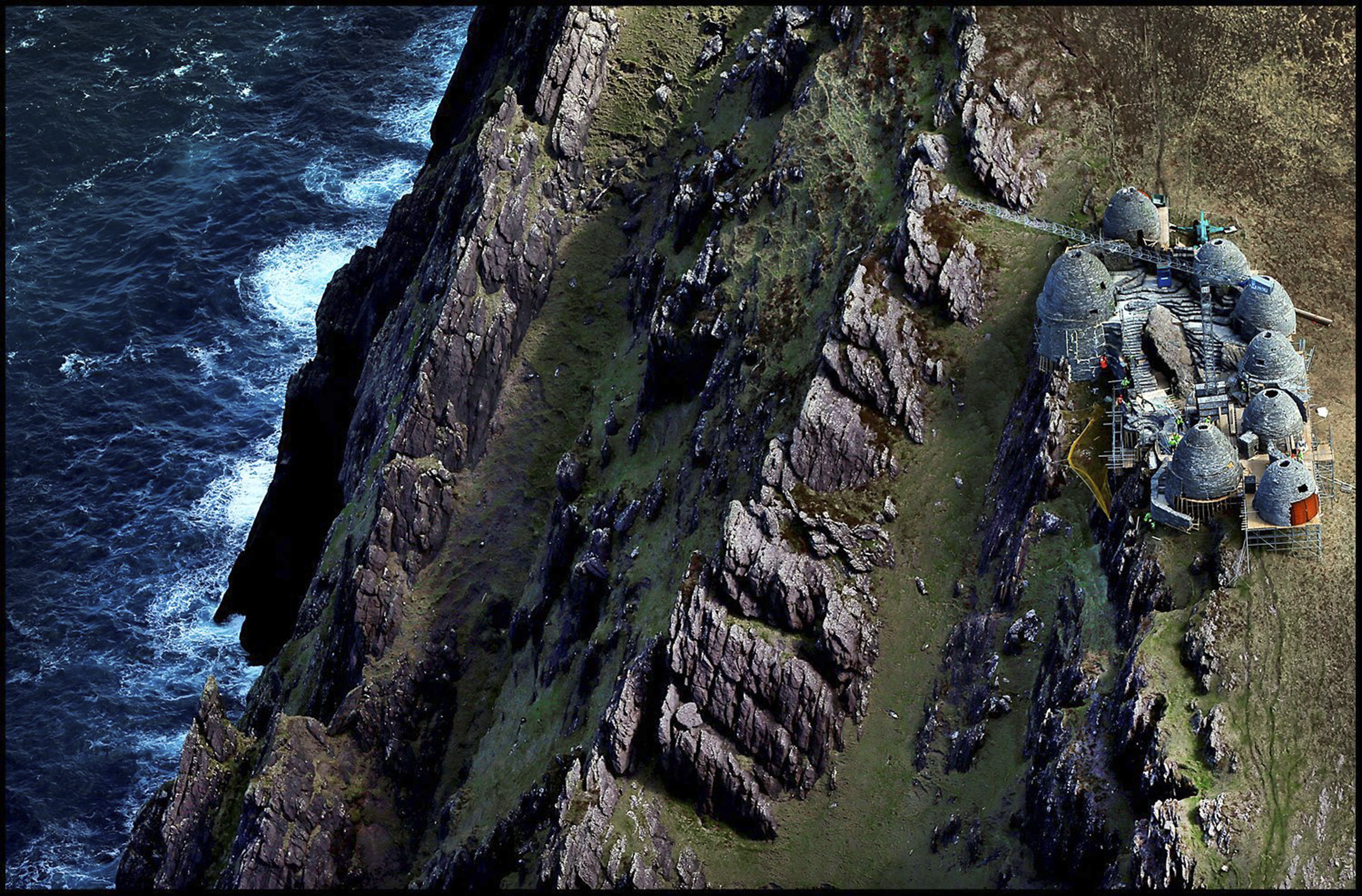 A replica of the sixth-century monastic settlement has been recreated on top of Ceann Sibéal on the Dingle Peninsula in Ireland's Co Kerry, ahead of "Star Wars" filming, April 30, 2016. The site, which includes eight beehive huts, is supposed to be the planet Ahch-To, home to the first Jedi temple where Luke Skywalker has been in exile, and is just one of several locations being used along the western Ireland seaboard. (Irish Independent/eyevine/Redux)