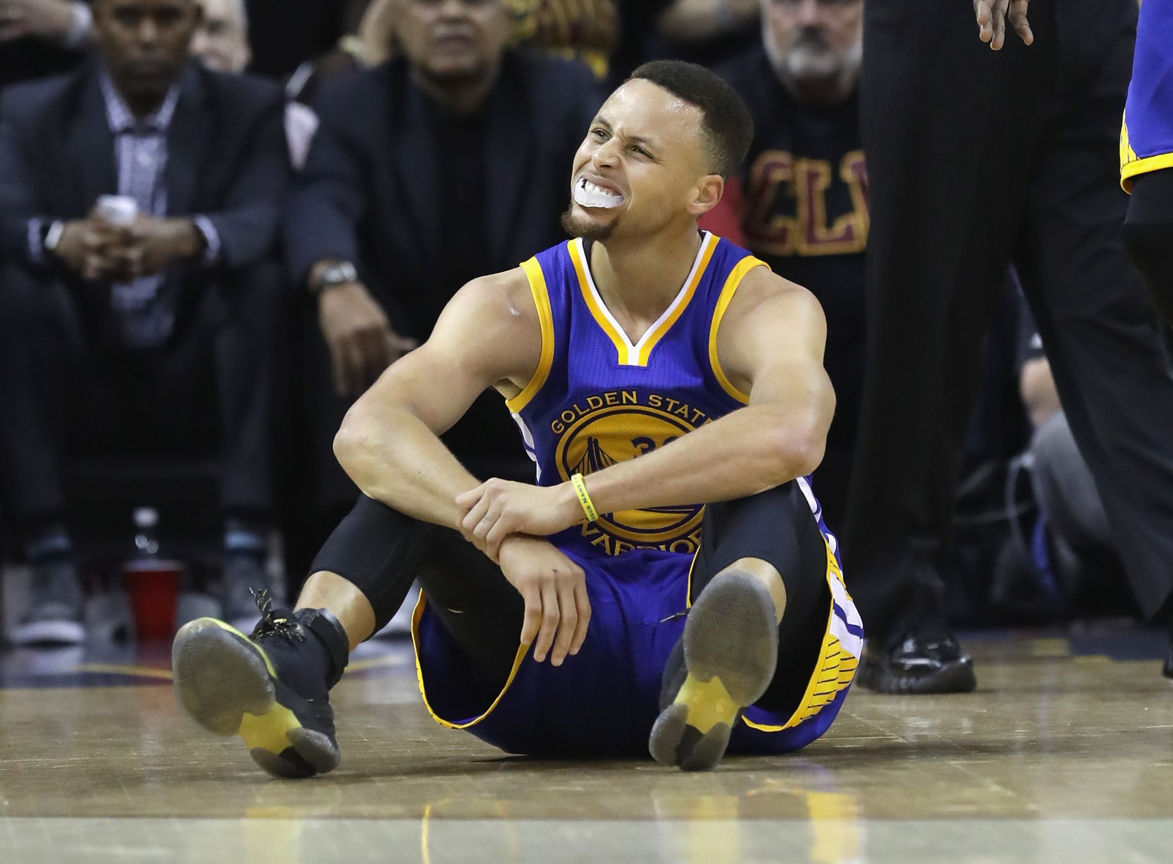 Stephen Curry of the Golden State Warriors reacts after a call in the first half against the Cleveland Cavaliers in Game 6 of the 2016 NBA Finals at Quicken Loans Arena on June 16, 2016 in Cleveland, Ohio.