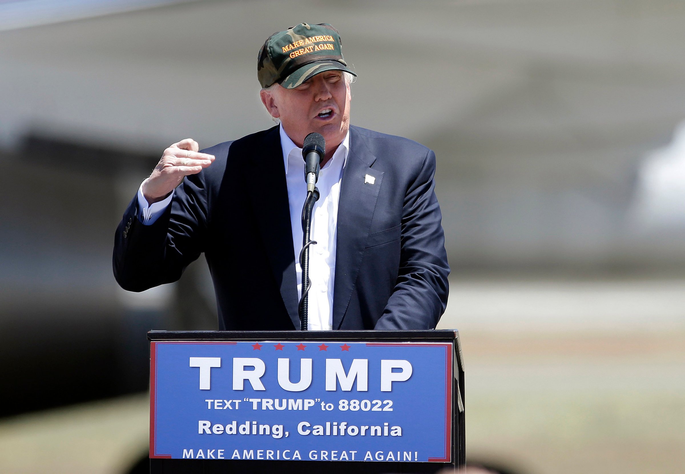 Donald Trump speaks at a campaign rally at the Redding Municipal Airport in Calif., June 3, 2016.