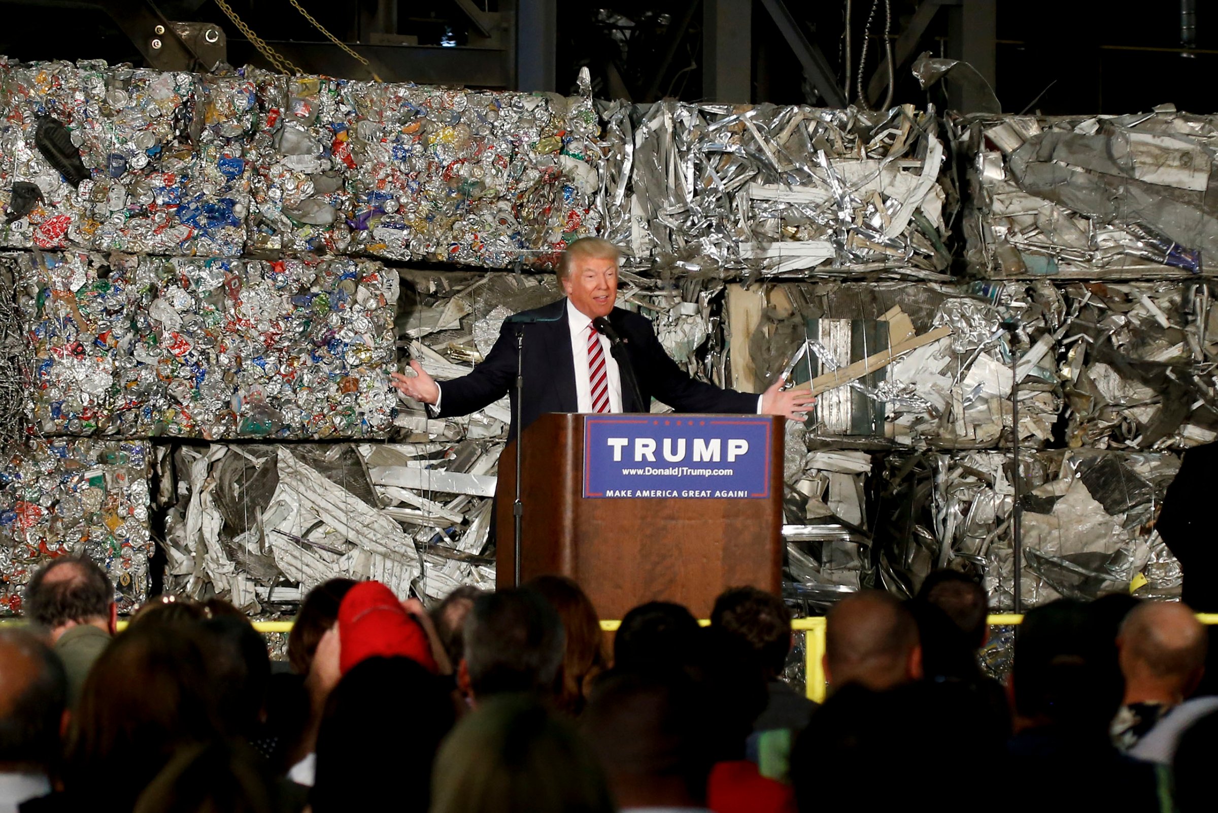 Donald Trump speaks during a campaign stop at Alumisource, a metals recycling facility in Monessen, PA, June 28, 2016.